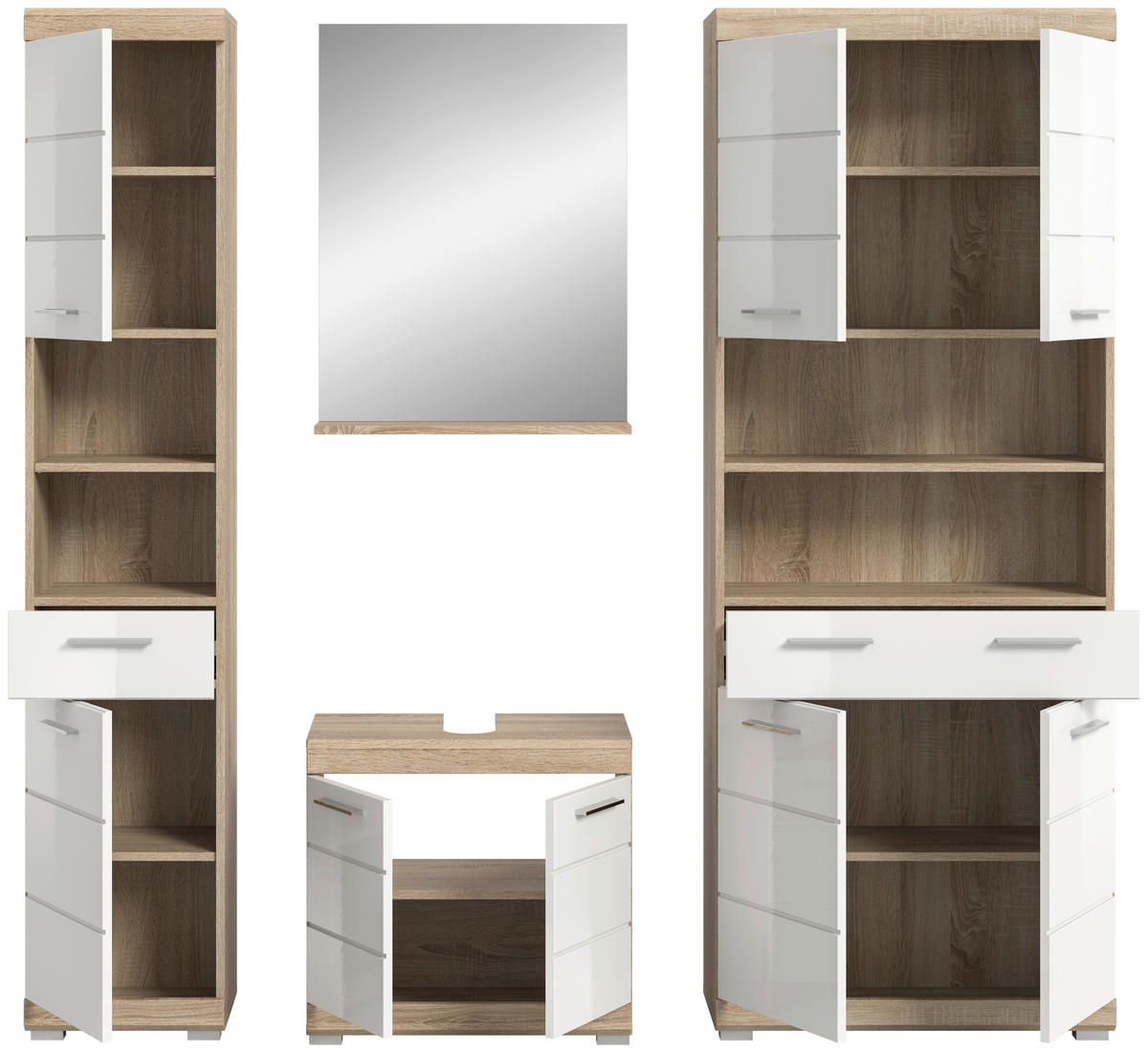 Badezimmer-Set Lambada Eiche Sonoma Nachbildung weiß Hochglanz B/H/T: ca. 186x191x34 cm Lambada - Eiche/weiß (186,00/191,00/34,00cm) - xonox.home