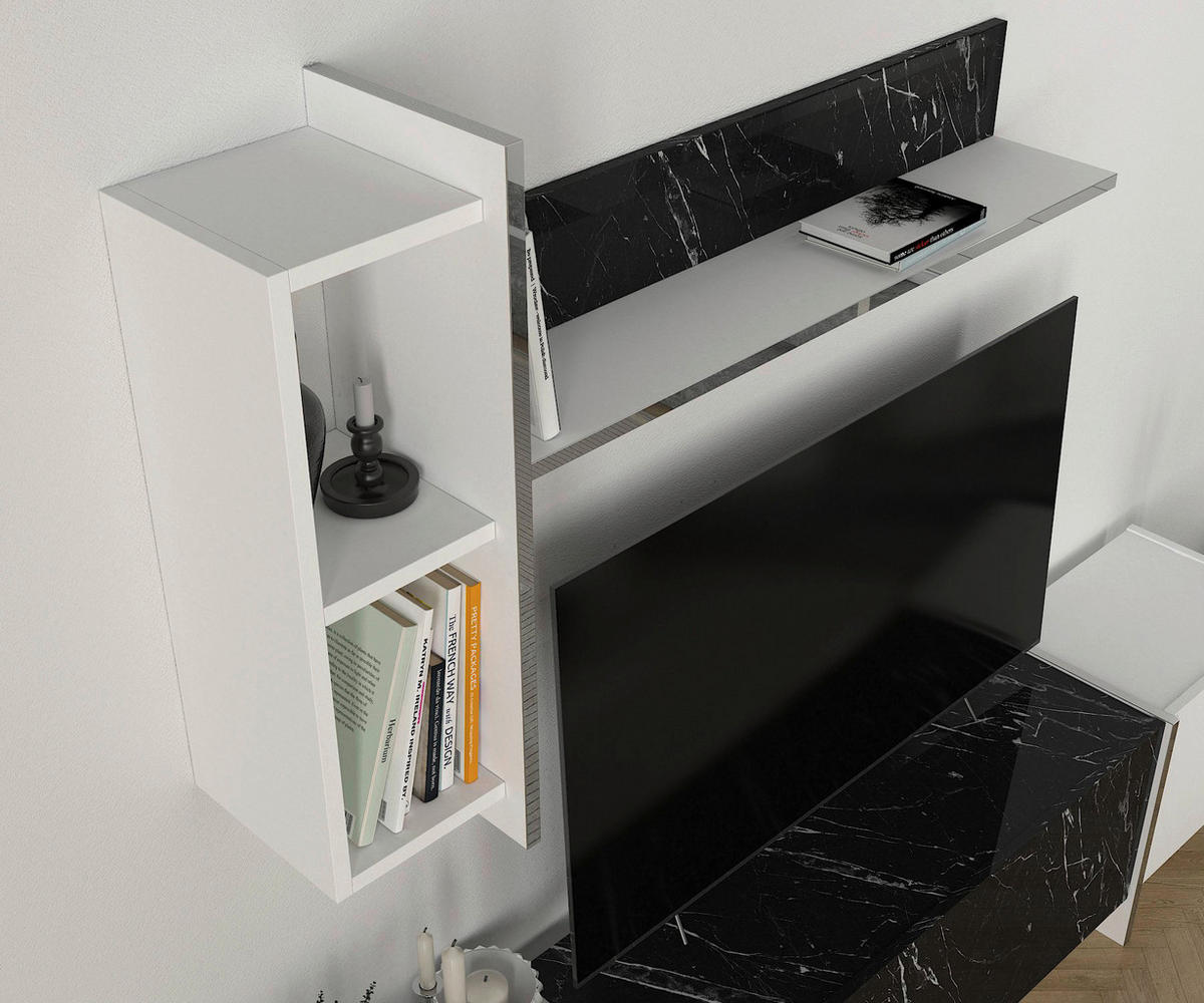 Wohnwand Veyron weiß Marmoroptik schwarz B/H/T: ca. 180x45x32 cm Veyron - weiß/Marmoroptik (180,00/45,00/32,00cm) - moebel17