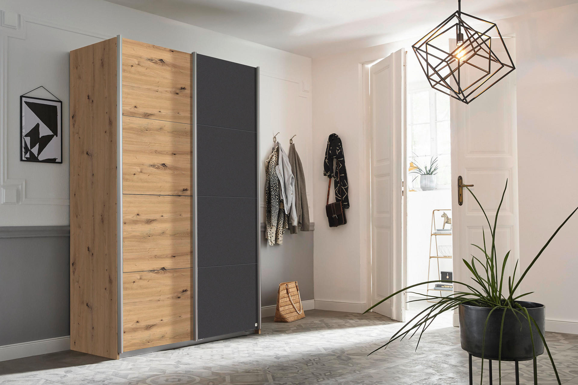 Schwebetürenschrank Quadra Eiche Artisan grau B/H/T: ca. 136x210x57 cm Quadra - Eiche/grau (136,00/210,00/57,00cm)