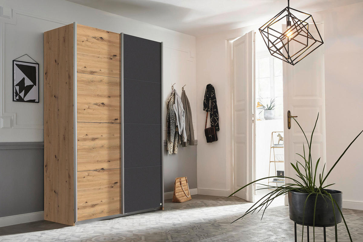 Schwebetürenschrank Quadra Eiche Artisan grau B/H/T: ca. 136x210x57 cm Quadra - Eiche/grau (136,00/210,00/57,00cm)