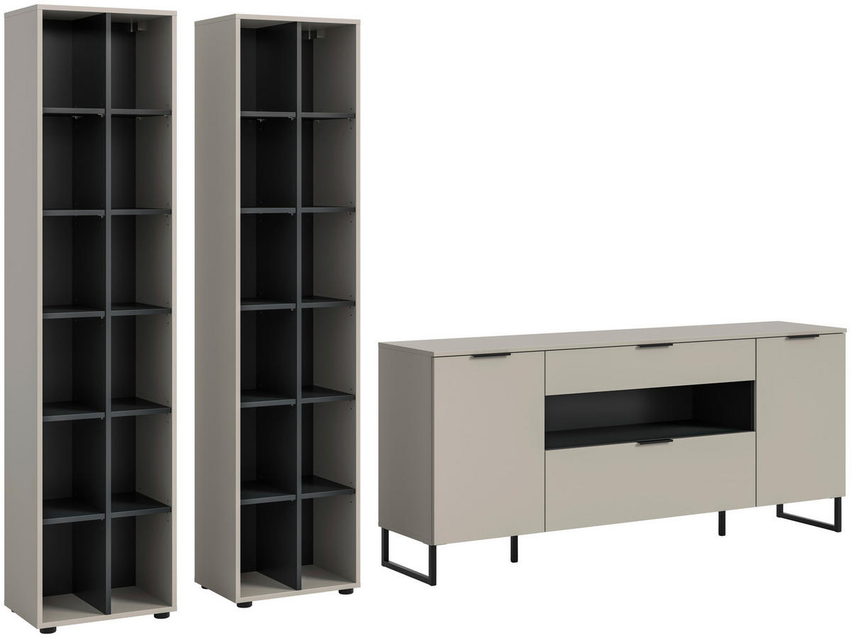 Wohnwand Noida Kaschmirgrau Nachbildung schwarz B/H/T: ca. 305x192x41 cm Noida - schwarz (305,00/192,00/41,00cm) - xonox.home