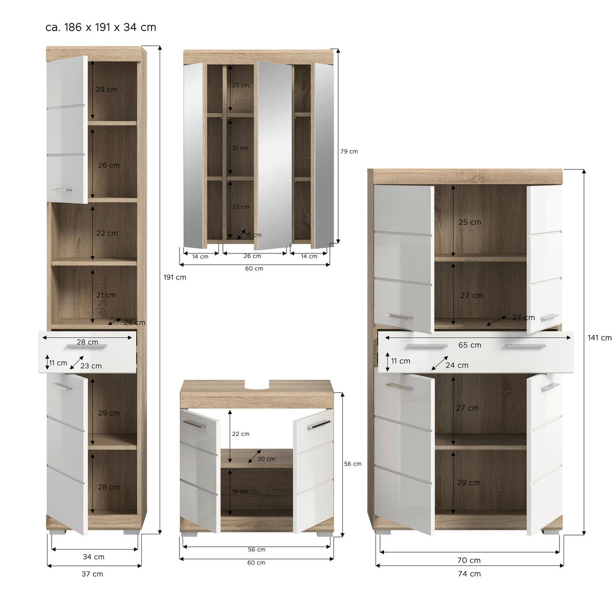 Badezimmer-Set Lambada Eiche Sonoma Nachbildung weiß Hochglanz B/H/T: ca. 186x191x34 cm Lambada - Eiche/weiß (186,00/191,00/34,00cm) - xonox.home
