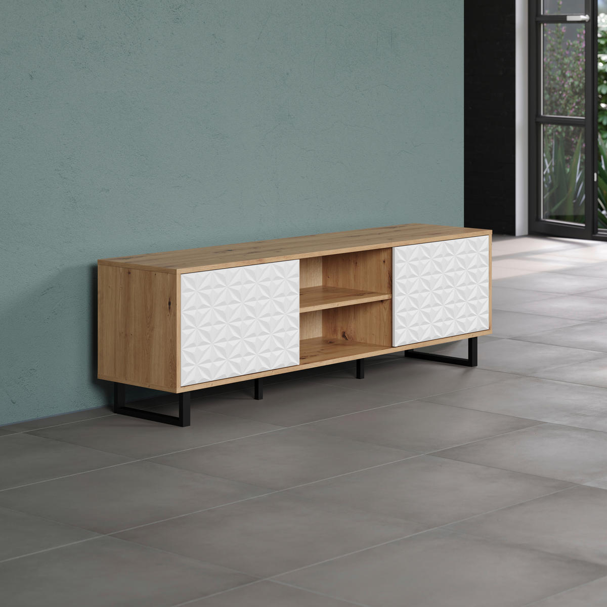 TV-Lowboard Aventura weiß matt Eiche Artisan Nachbildung B/H/T: ca. 154x52x40 cm Aventura - Eiche/weiß (154,00/52,00/40,00cm) - Trendteam