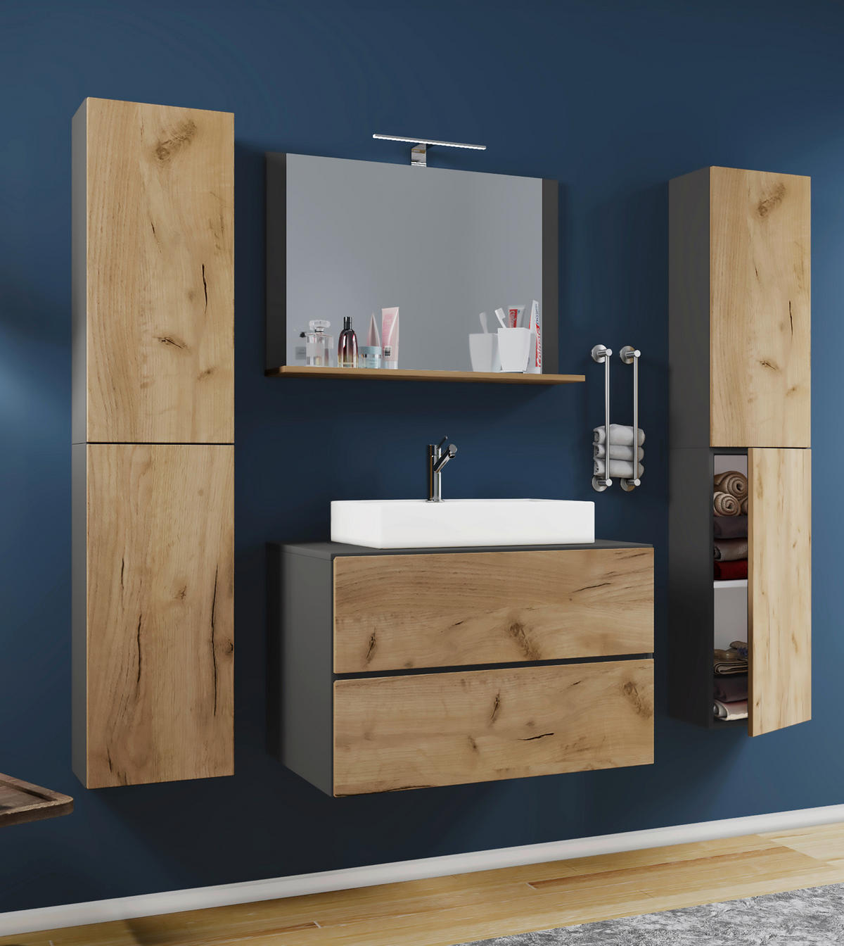 Waschplatz 5tlg-Lendas weiß anthrazit Eiche Honig Nachbildung B/H/T: ca. 60x52x52 cm 5tlg-Lendas - Eiche/weiß (60,00/52,00/52,00cm) - VCM Möbel