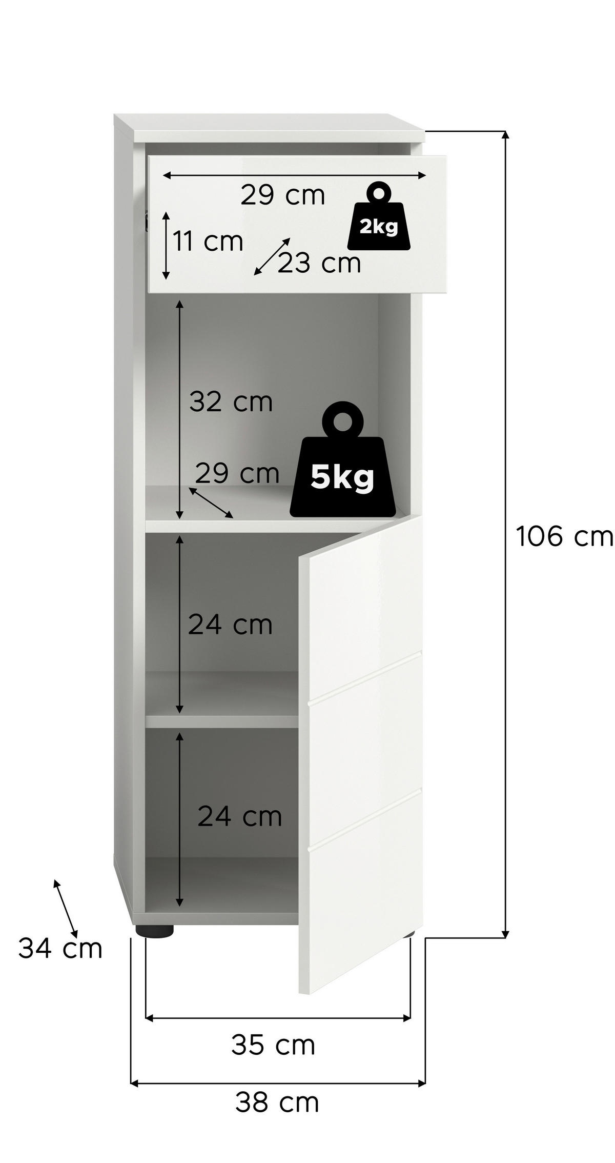 Badhochschrank VIRA weiß weiß Hochglanz B/H/T: ca. 38x106x34 cm VIRA - weiß (38,00/106,00/34,00cm) - xonox.home