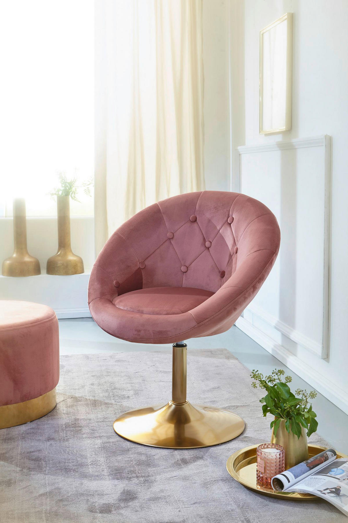 Wohnling Sessel rosa gold Samt Eisen B/H/T: ca. 67x80x62 cm Loungesessel - gold/rosa (67,00/80,00/62,00cm) - Wohnling