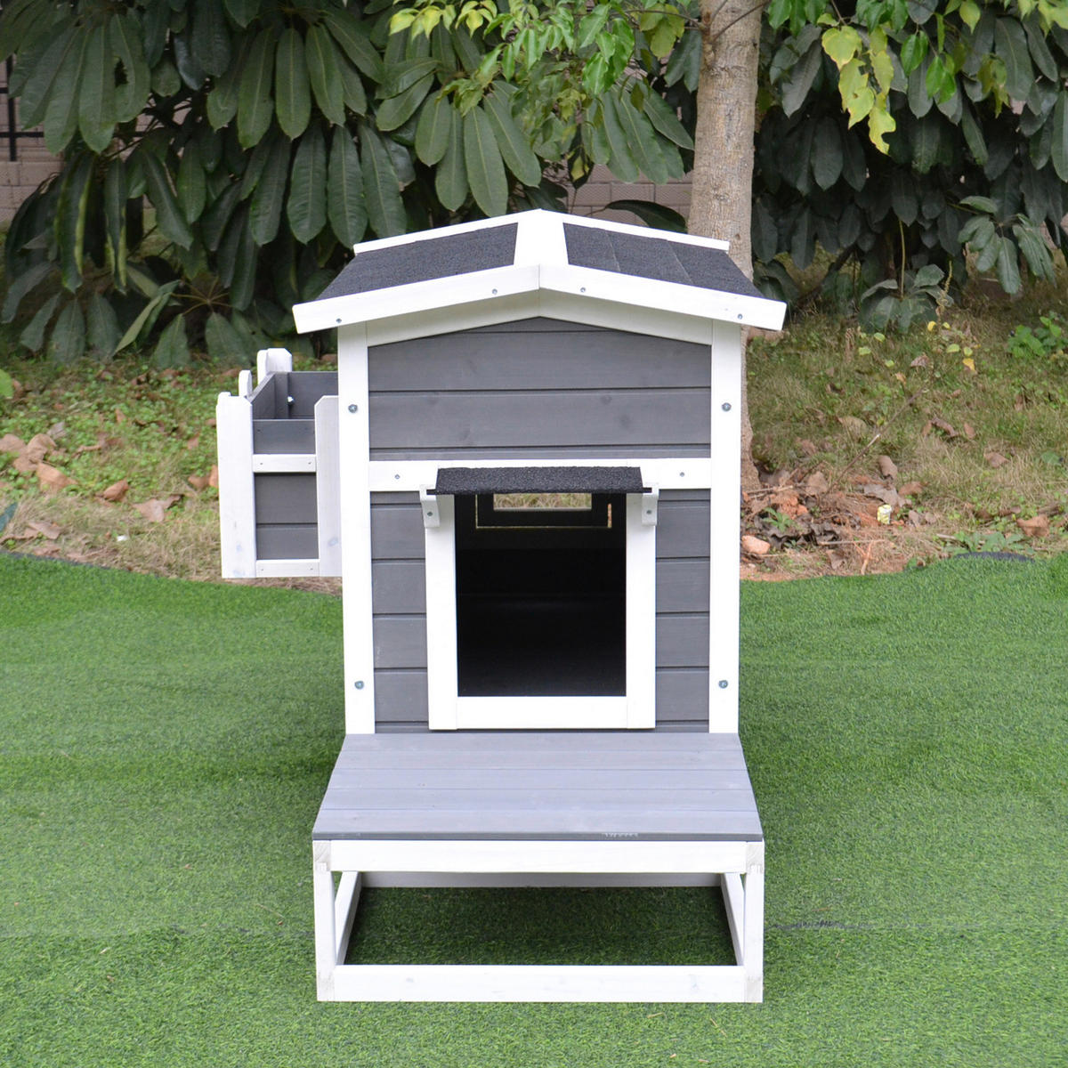 PawHut Katzenhaus grau Holz B/H/L: ca. 67x75x115 cm Katzenhaus - weiß/grau (115,00/67,00/75,00cm) - PawHut