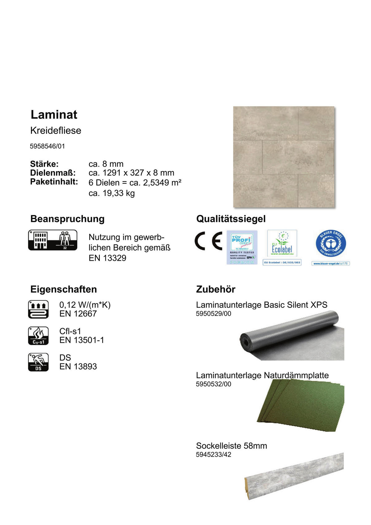 EGGER Laminatboden Kreidefliese ca. 2,5349 m² im Paket  B/L: ca. 34x130,5 cm pro Paket Kreidefliese ca. 2,5349 m² im Paket - (34,00/130,50cm) - EGGER