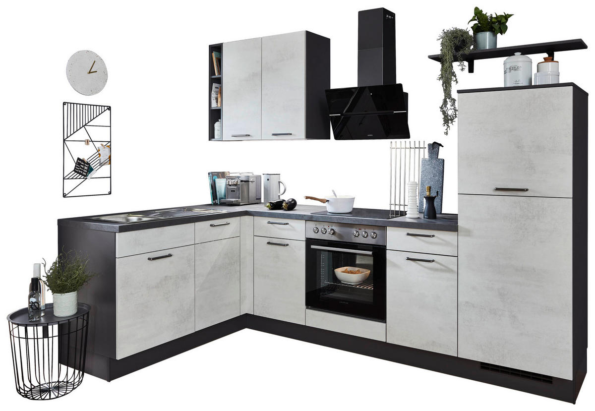 nobilia Winkelküche Riva Weißbeton Nachbildung B/T/L: ca. 275x60x175 cm Riva - schwarz/Weißbeton (275,00/175,00cm) - nobilia
