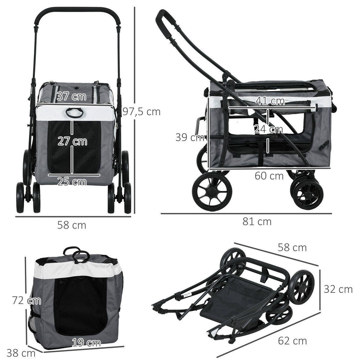 PawHut Hunde-Zubehör grau Edelstahl B/H/L: ca. 58x81x97,5 cm Hundebuggy - grau (97,50/58,00/81,00cm) - PawHut