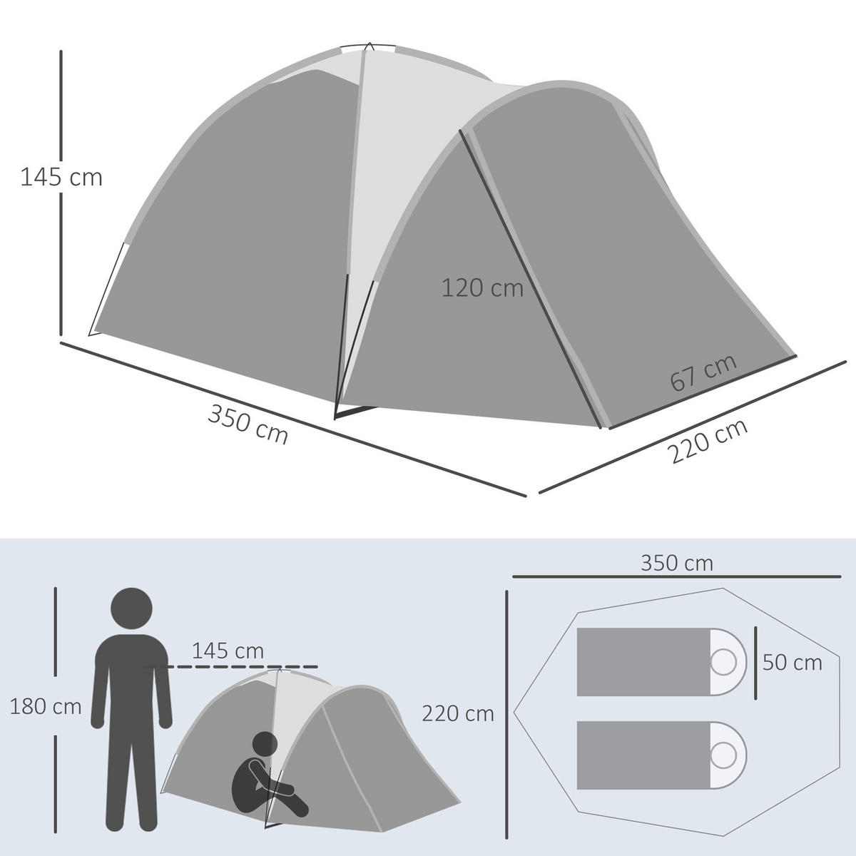 Outsunny Campingartikel B/H/L: ca. 220x350x145 cm Campingzelt - grau (145,00/220,00/350,00cm) - Outsunny