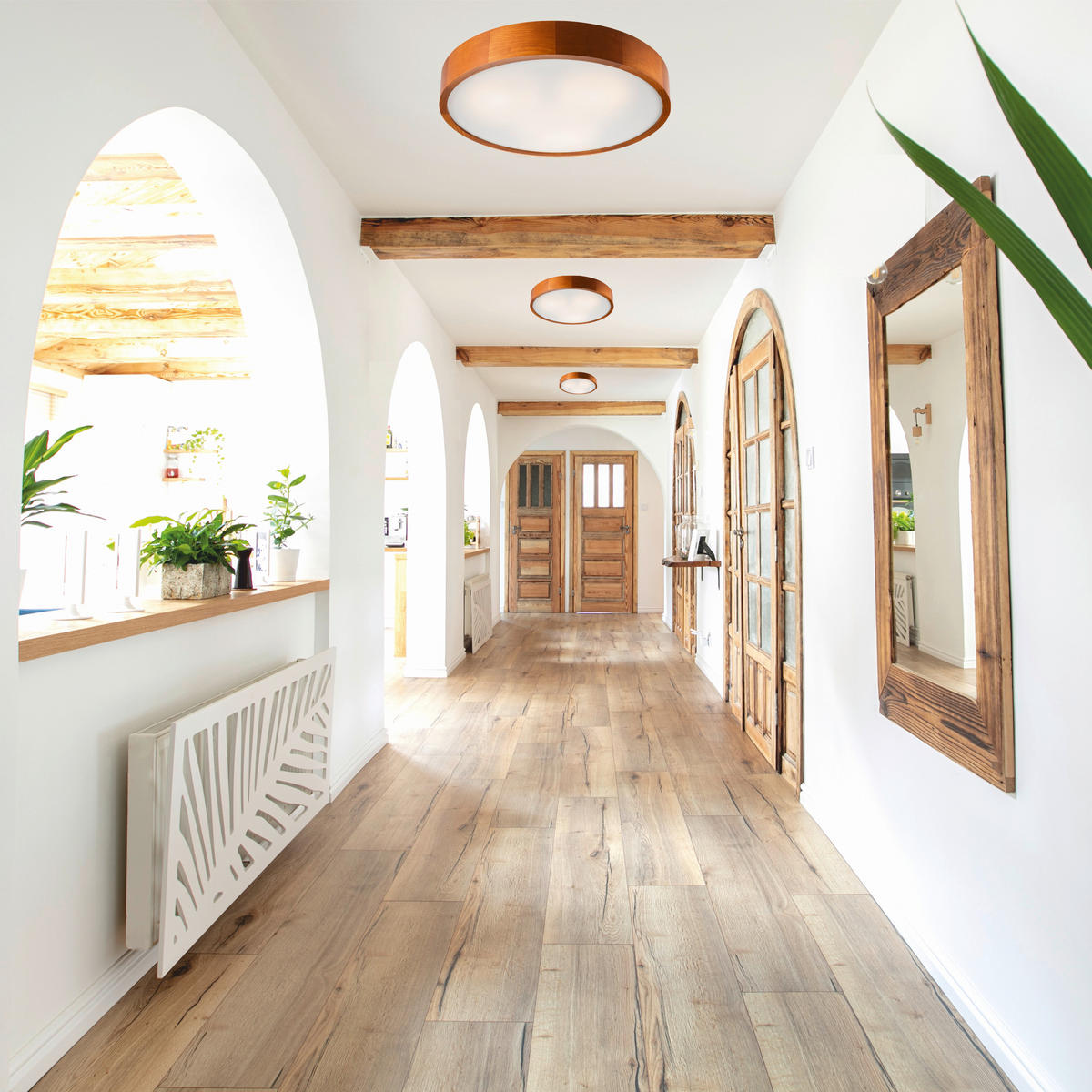 Lamkur Deckenleuchte rustikal Holz Glas B/H/L: ca. 48,5x12x48,5 cm 3 Brennstellen Eveline - rustikal (48,50/48,50/12,00cm) - Lamkur