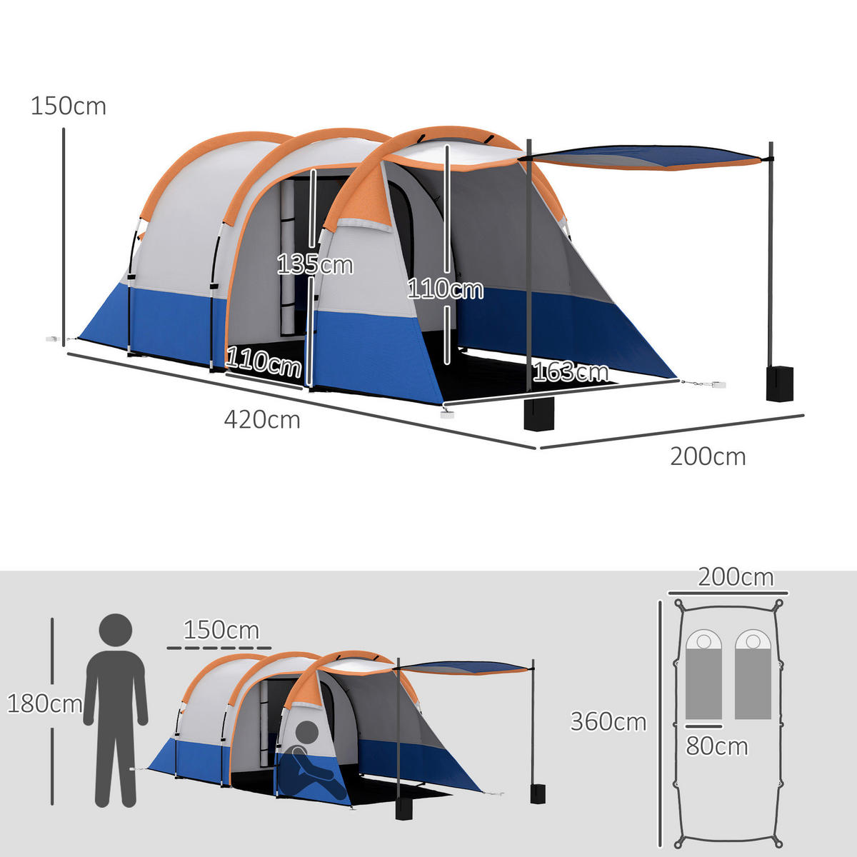 Outsunny Campingzelt orange Stahl B/H/L: ca. 200x150x420 cm Campingzelt - orange (420,00/200,00/150,00cm) - Outsunny