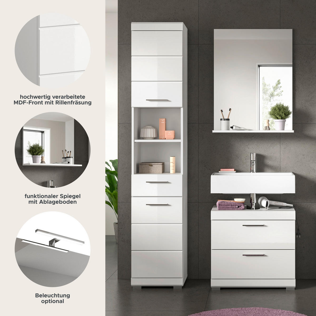 Badezimmer-Set Scout weiß weiß Hochglanz B/H/T: ca. 112x191x37 cm Scout - weiß (112,00/191,00/37,00cm) - xonox.home