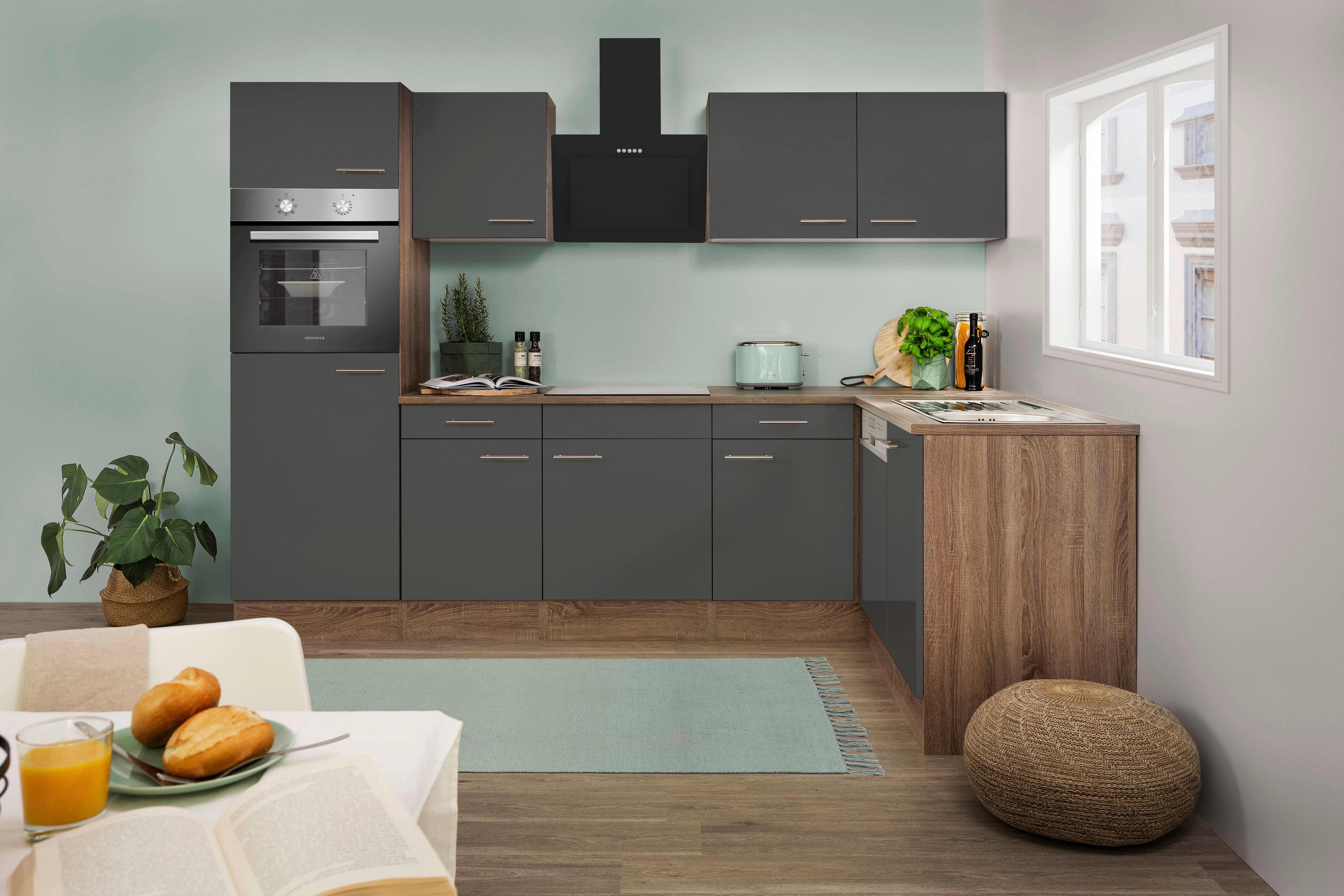 Respekta Winkelküche KBL280EYGS grau B/H/T: ca. 280x205x172 cm KBL280EYGS - Eiche/grau (280,00/205,00/172,00cm) - Respekta