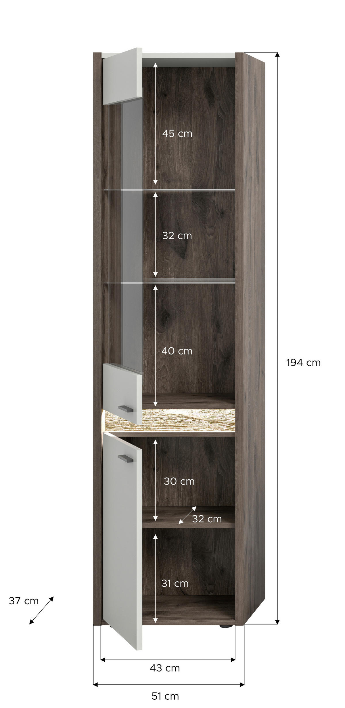 Vitrine Falcona Nox Oak Nachbildung hellgrau B/H/T: ca. 198x51x37 cm Falcona - hellgrau (198,00/51,00/37,00cm) - xonox.home