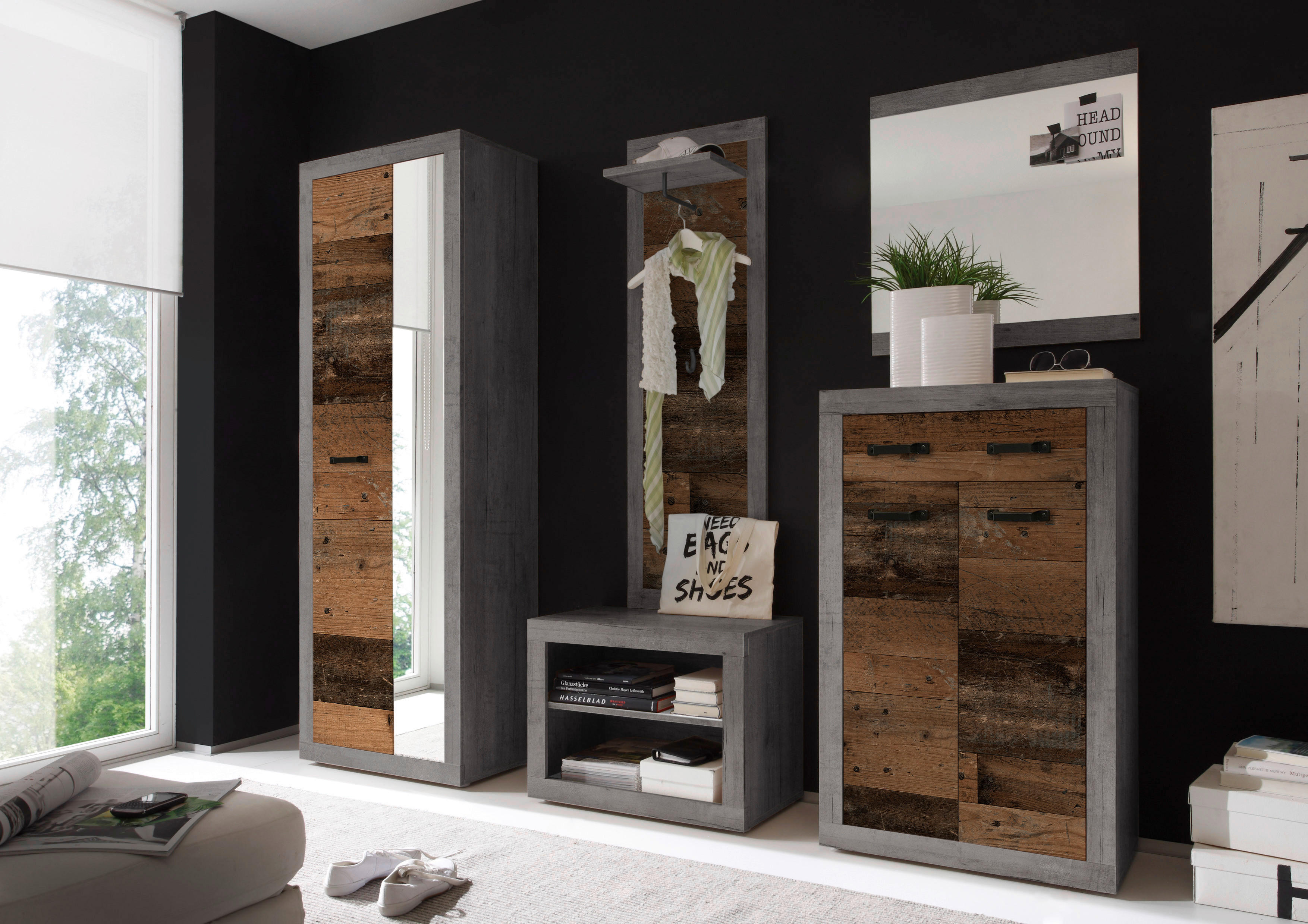 Schuhkommode Indiana Beton dunkel Nachbildung Old Wood Nachbildung B/H/T: ca. 68x115x37 cm Indiana - Beton (68,00/115,00/37,00cm)