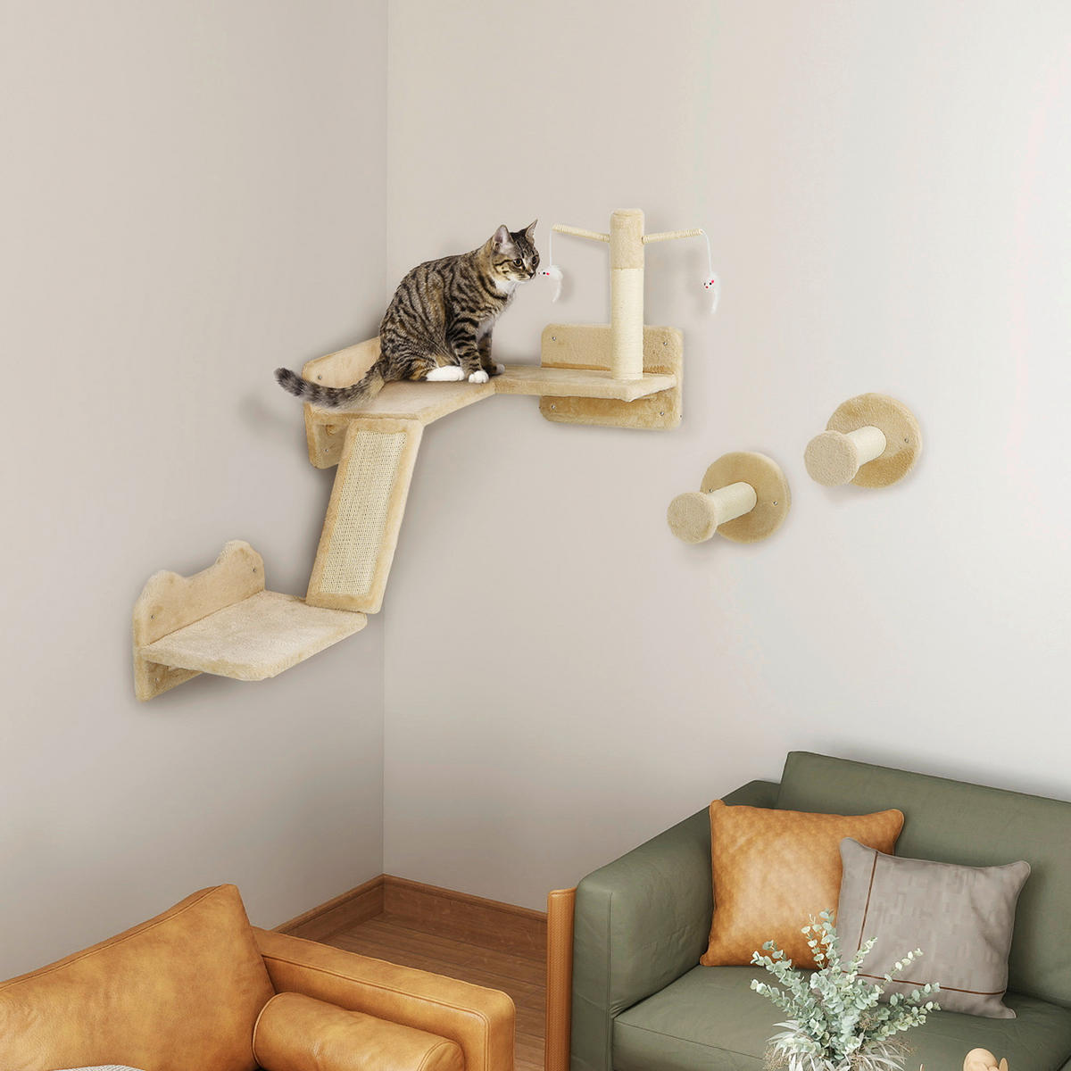 PawHut Katzen Kletterwand Set beige Plüsch B/H/L: ca. 56x73x110 cm Katzen Kletterwand Set - beige (110,00/56,00/73,00cm) - PawHut