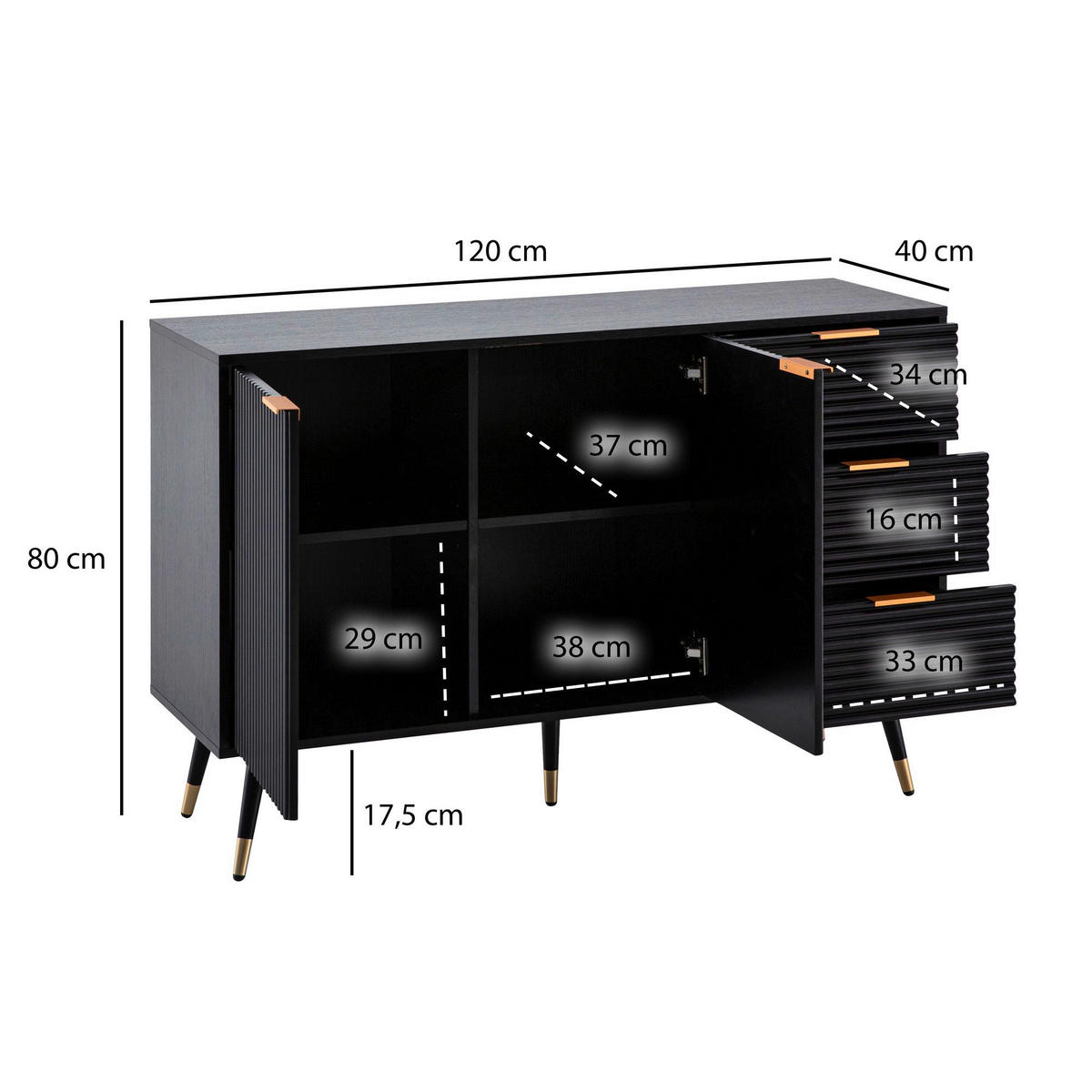 Sideboard schwarz B/H/T: ca. 120x80x40 cm Sideboard - schwarz (120,00/80,00/40,00cm) - Wohnling