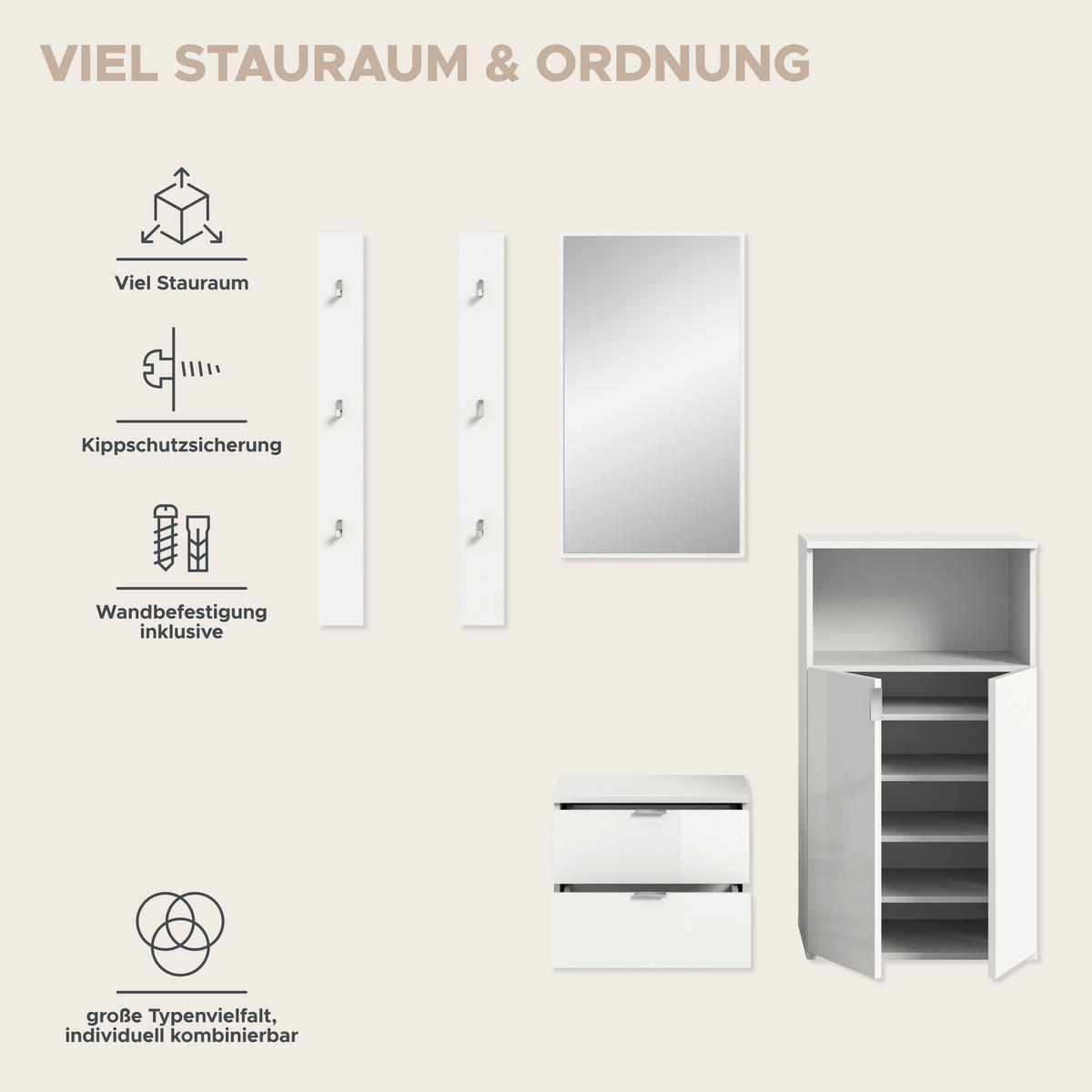Garderobe PROJEKT X weiß weiß Hochglanz B/H/T: ca. 179x191x37 cm PROJEKT X - weiß (179,00/191,00/37,00cm) - xonox.home