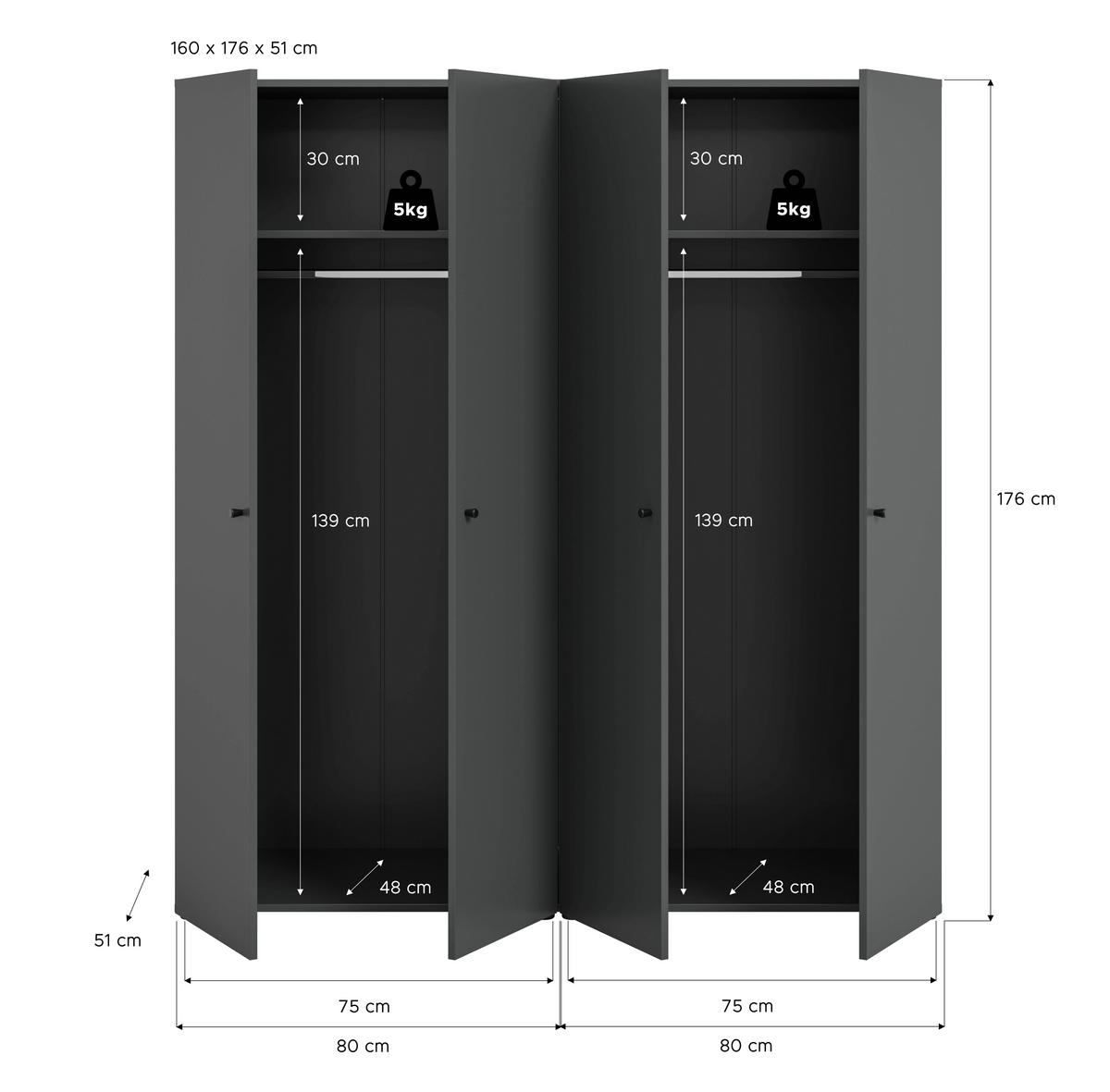 Kleiderschrank DARWIN anthrazit B/H/T: ca. 160x176x51 cm DARWIN - anthrazit (160,00/176,00/51,00cm) - xonox.home