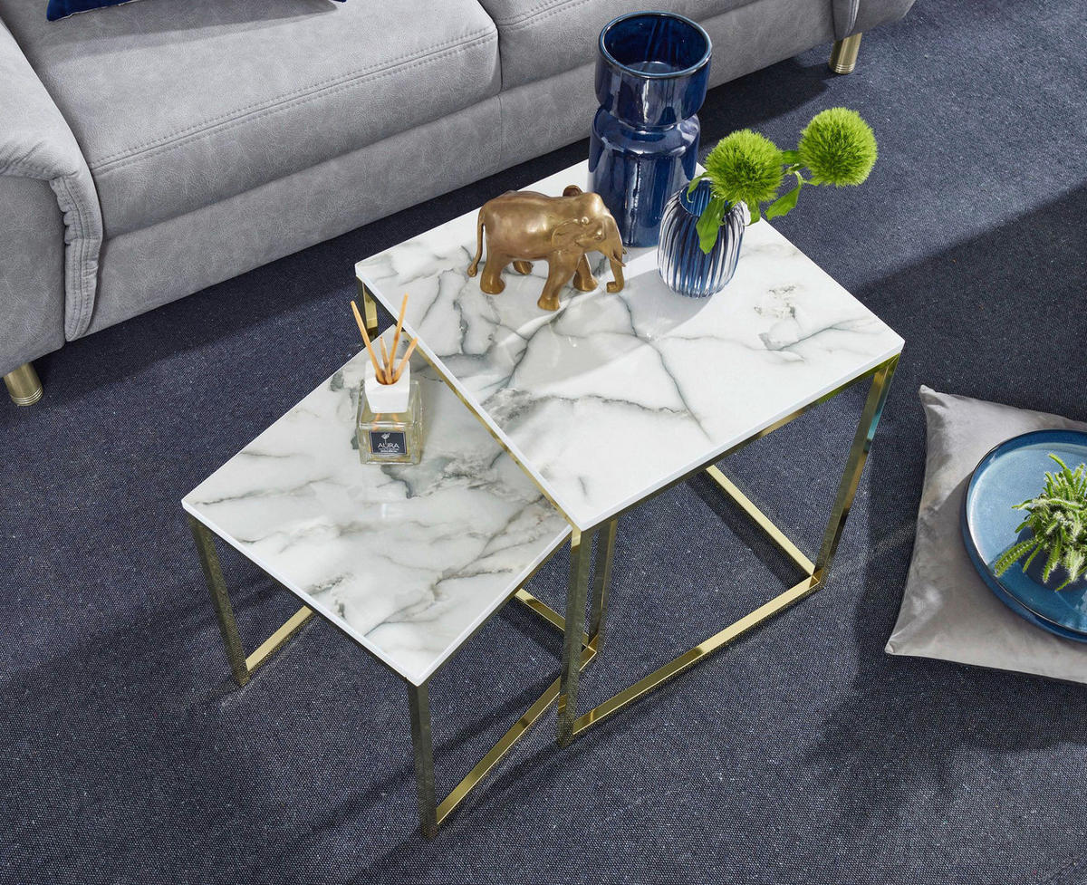 Couchtisch 2er-Set. weiß Marmor Optik gold 2er-Set. - gold/weiß - Wohnling