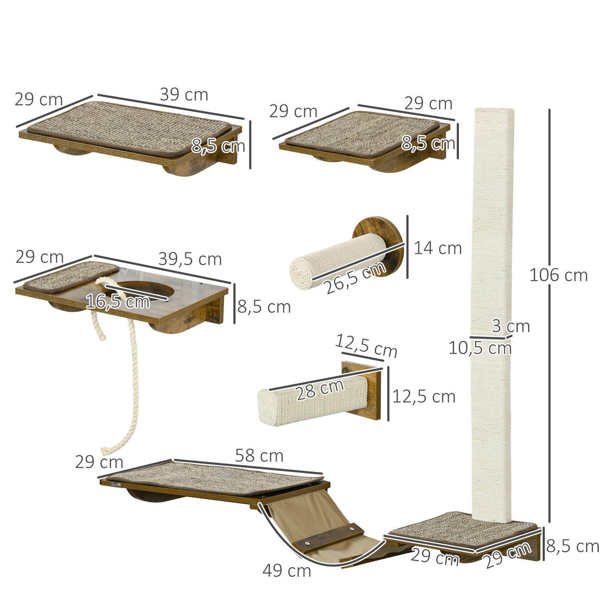 PawHut Katzenregal-Set braun Sisal B/H/L: ca. 29x8,5x136 cm Katzenregal-Set - braun/cremeweiß (136,00/29,00/8,50cm) - PawHut