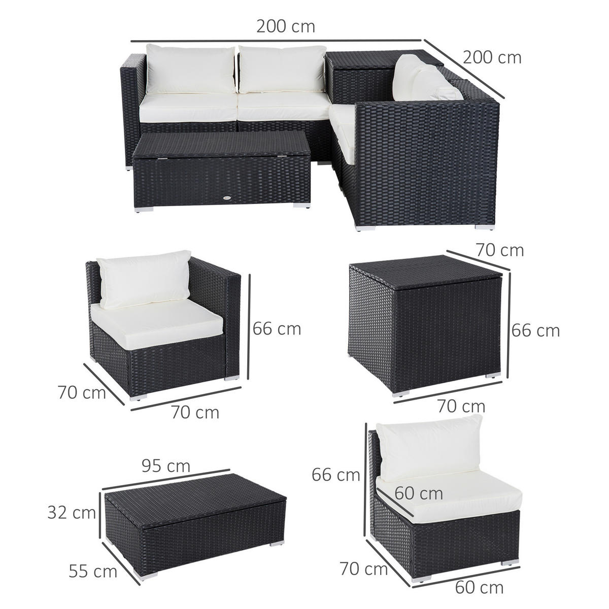 Outsunny Sitzgruppe schwarz Polyrattan B/H/L: ca. 70x70x66 cm Gartenmöbel_Set - schwarz (66,00/70,00/70,00cm) - Outsunny
