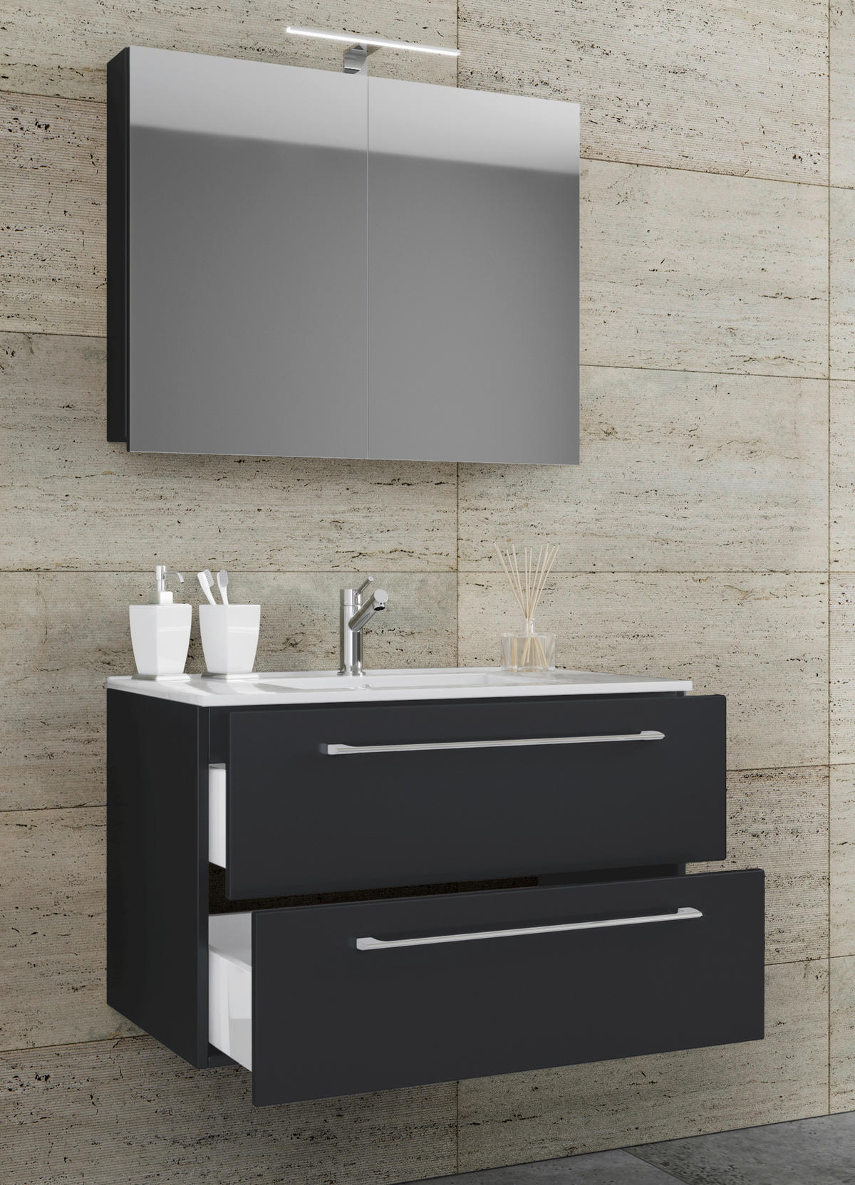 Waschplatz 3tlg-Badinos schwarz B/H/T: ca. 60x50x46 cm 3tlg-Badinos - schwarz (60,00/50,00/46,00cm) - VCM Möbel
