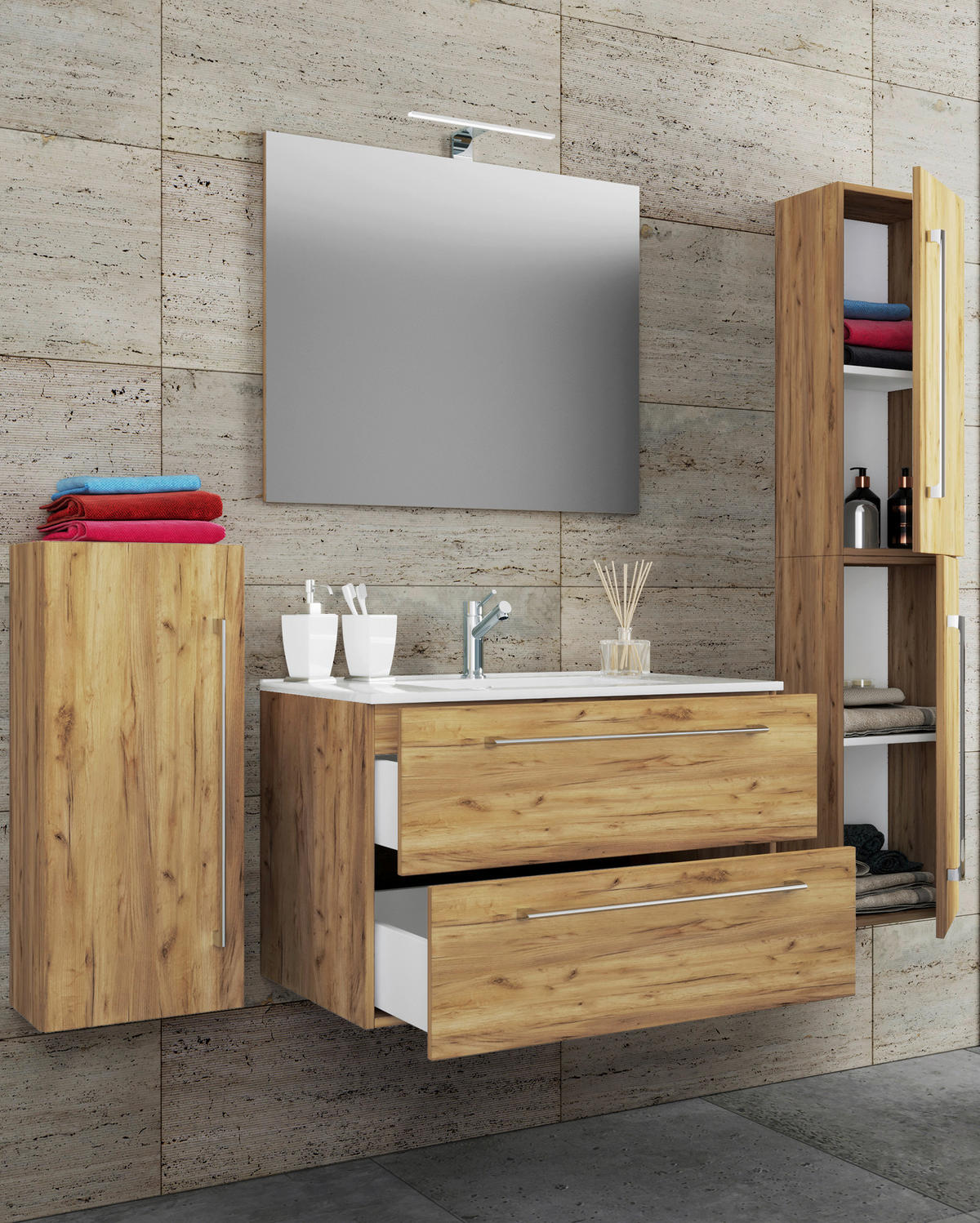 Waschplatz 5tlg-Badinos weiß Eiche Honig Nachbildung B/H/T: ca. 81x52x46 cm 5tlg-Badinos - Eiche/weiß (81,00/52,00/46,00cm) - VCM Möbel