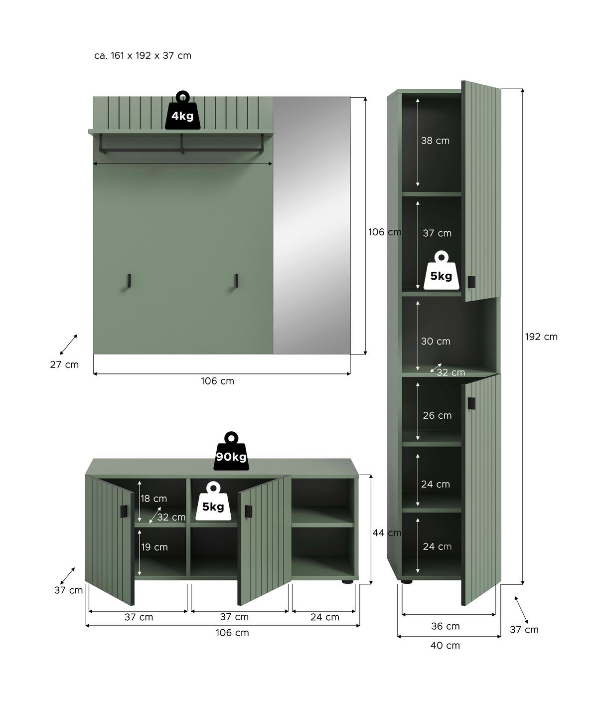 Garderobenset STATION grün B/H/T: ca. 161x192x37 cm STATION - grün (161,00/192,00/37,00cm) - xonox.home