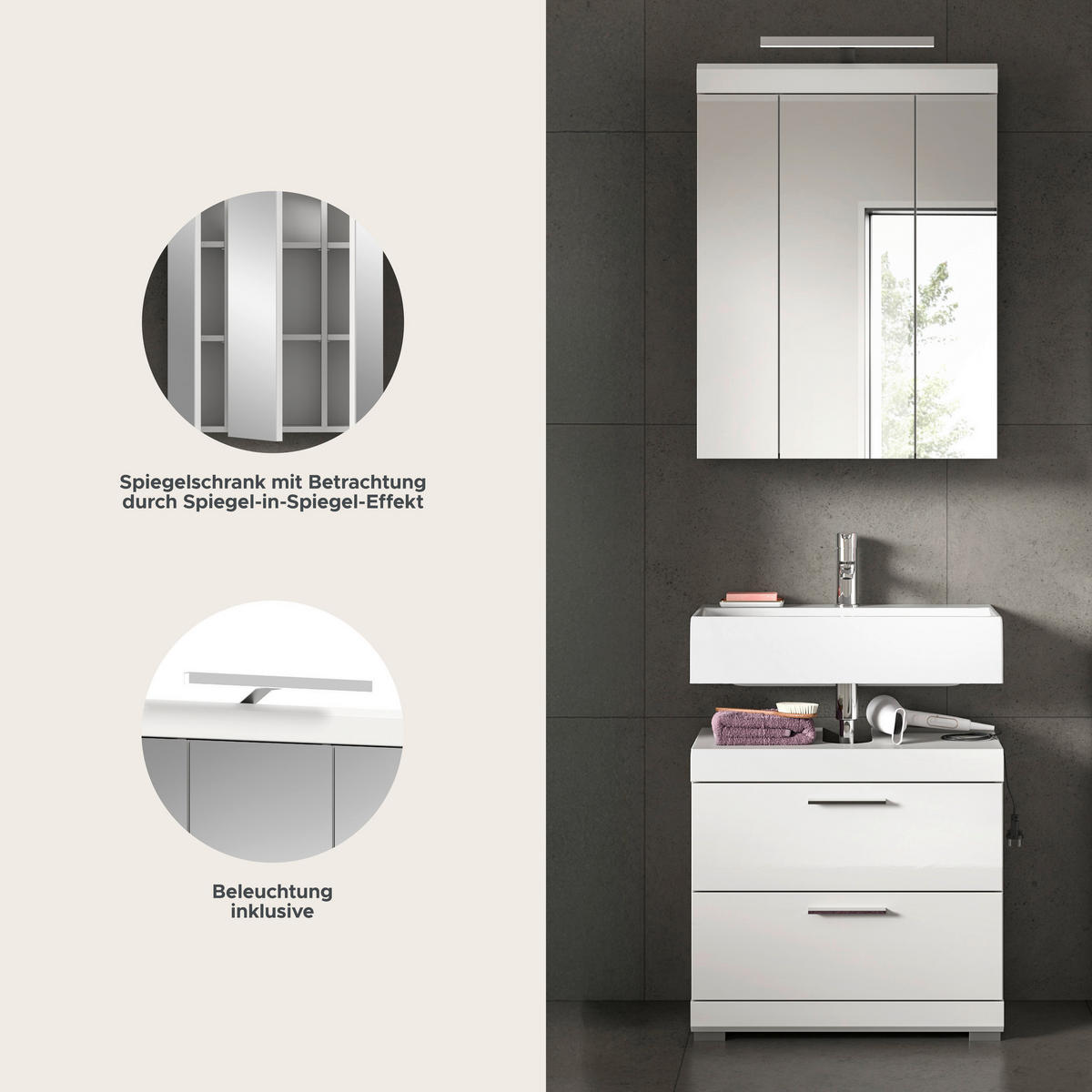 Badezimmer-Set Scout weiß weiß Hochglanz B/H/T: ca. 60x191x37 cm Scout - weiß (60,00/191,00/37,00cm) - xonox.home