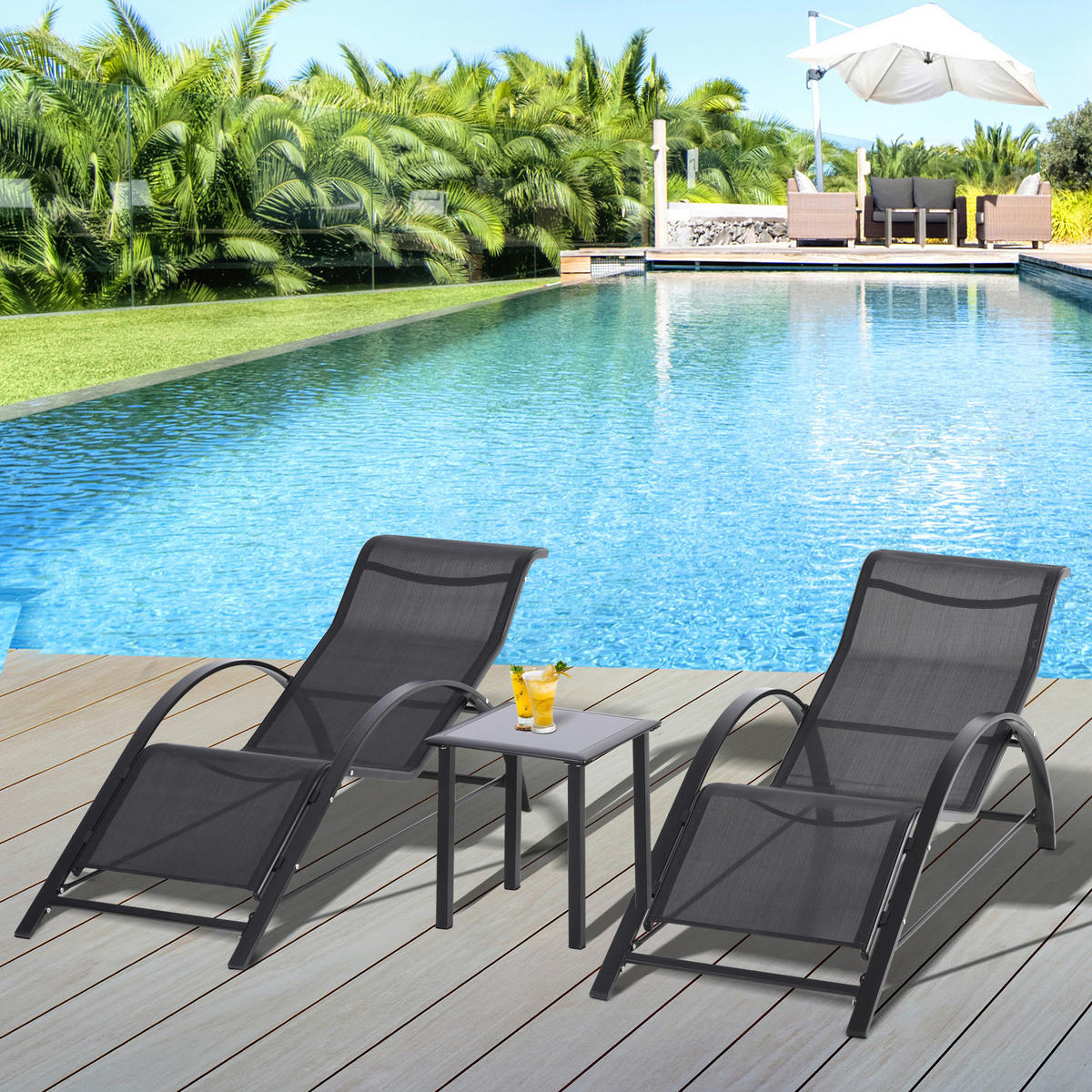 Outsunny Gartenliege-Set mit Tisch schwarz Netzstoff B/H/L: ca. 169x66x59 cm Gartenliege-Set mit Tisch - schwarz (59,00/169,00/66,00cm) - Outsunny