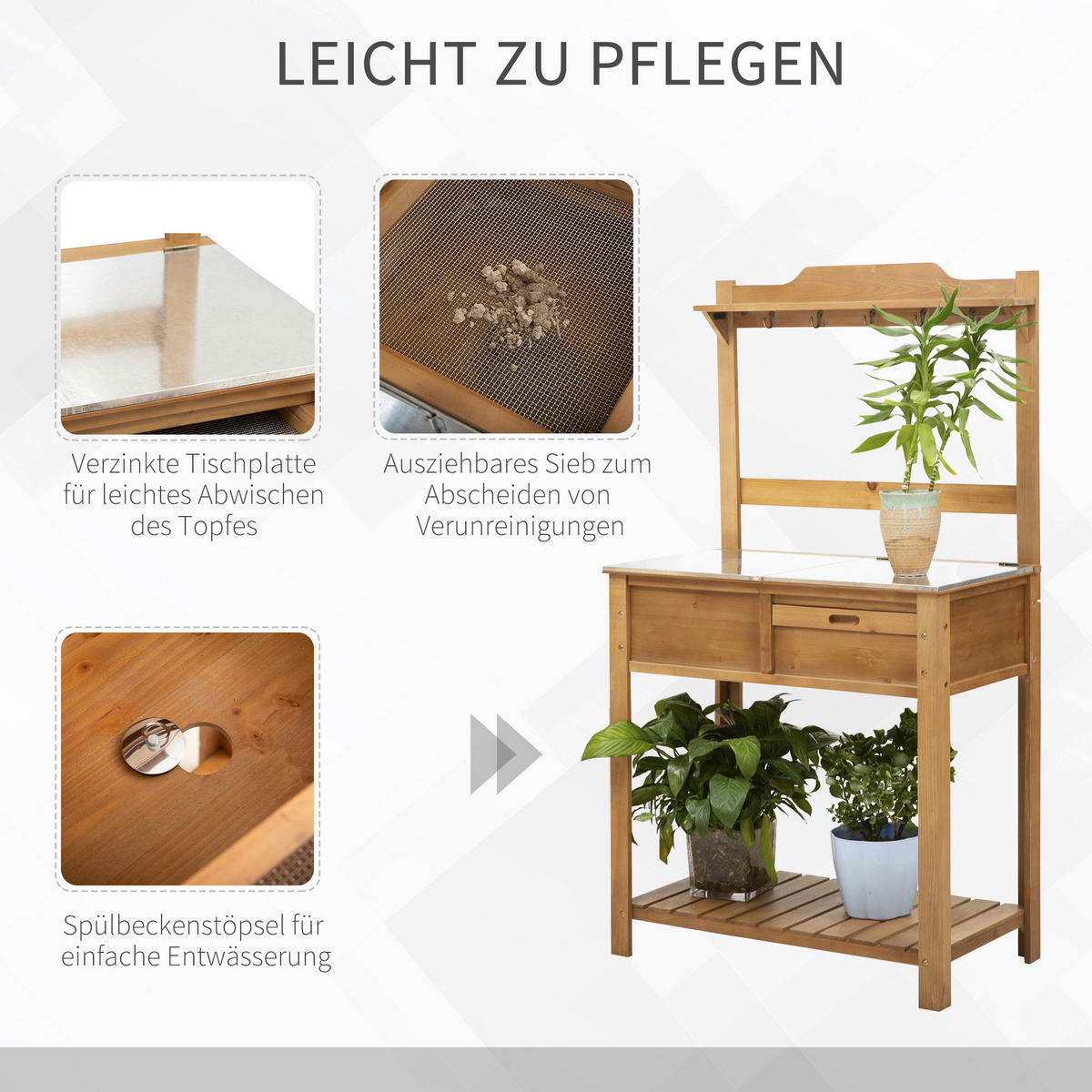 Outsunny Pflanztisch mit Haken natur B/H/L: ca. 42x142x80 cm Pflanztisch 845-375 - natur (80,00/42,00/142,00cm) - Outsunny