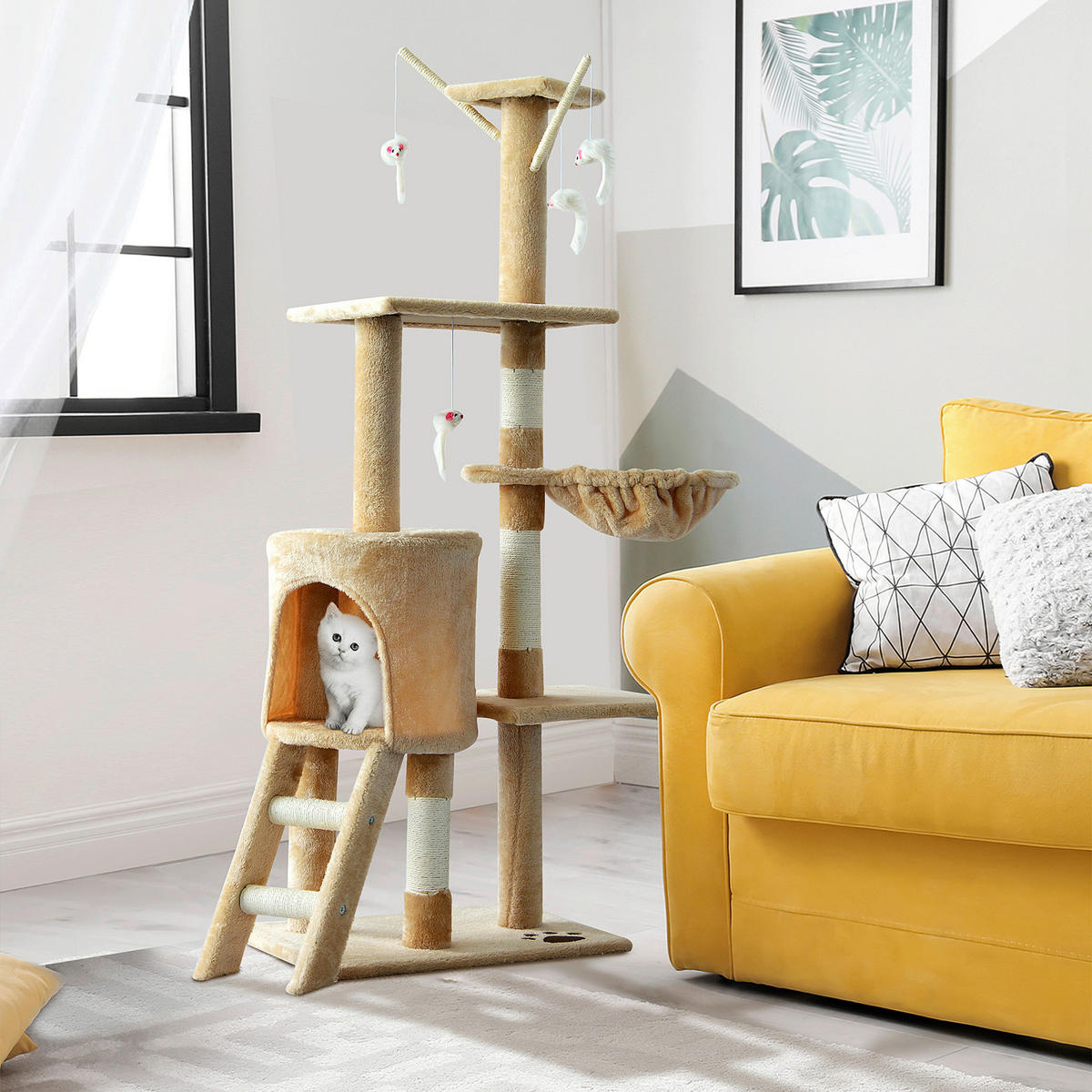 PawHut Katzenkratzbaum beige Spanplatte B/H/L: ca. 35x131x50 cm Katzenkratzbaum - beige/weiß (50,00/35,00/131,00cm) - PawHut