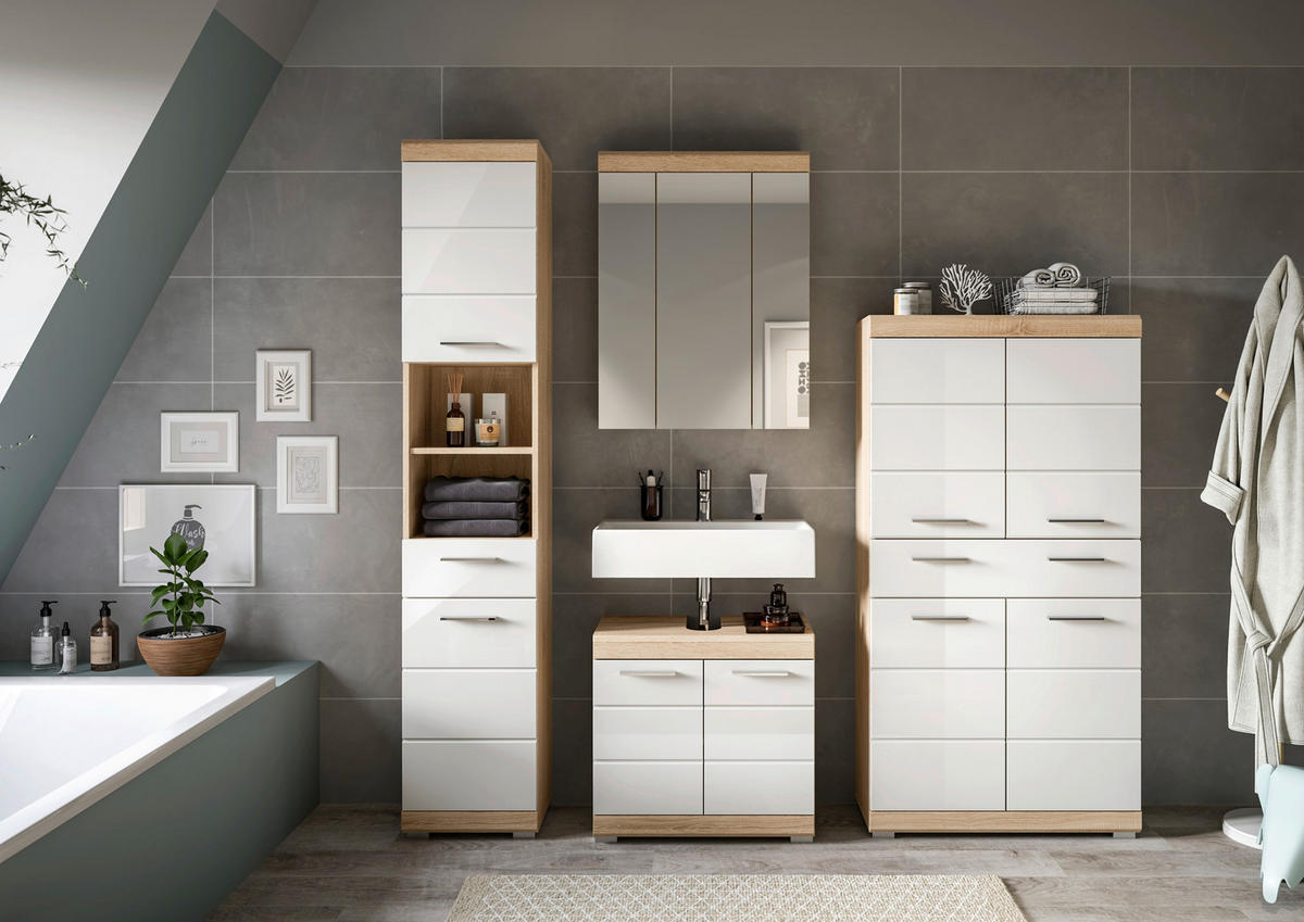 Badezimmer-Set Lambada Eiche Sonoma Nachbildung weiß Hochglanz B/H/T: ca. 186x191x34 cm Lambada - Eiche/weiß (186,00/191,00/34,00cm) - xonox.home