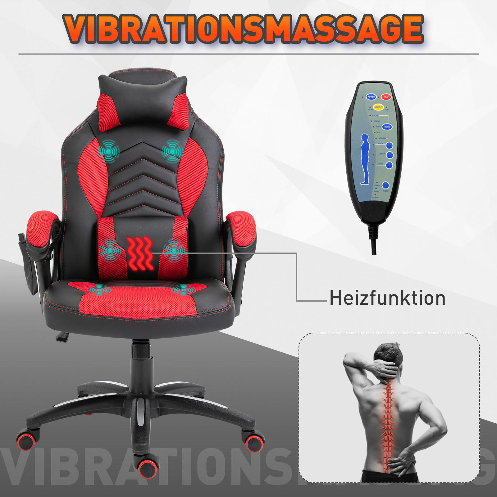 HOMCOM Massagestuhl MH921-019RD schwarz rot Kunstleder Metall Schaumstoff Massagestuhl MH921-019RD - rot/schwarz - HOMCOM