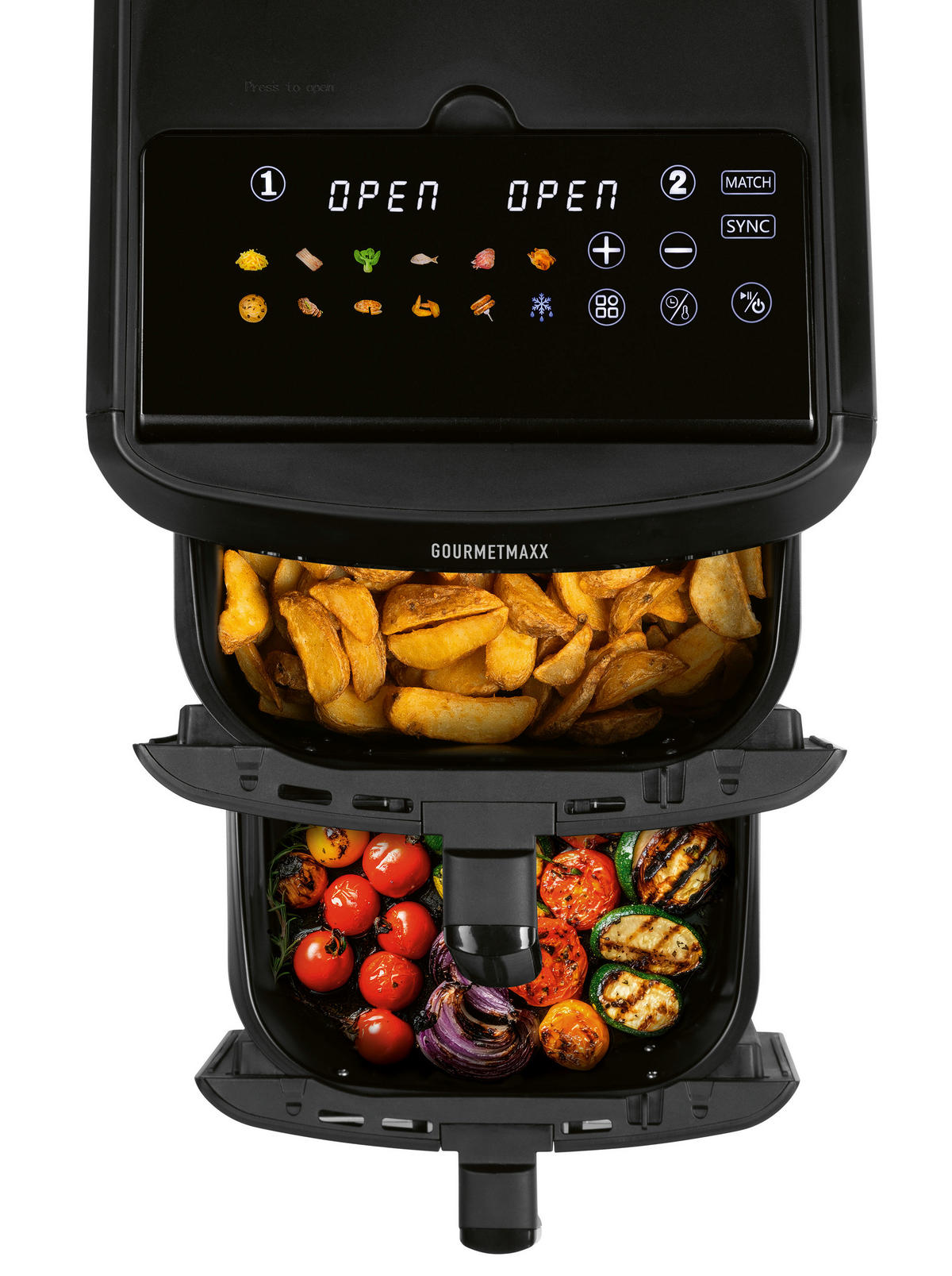 GOURMETmaxx Heißluftfritteuse Doppel-Heißluftfritteuse 16818 - schwarz (33,00/41,00/49,00cm) - GOURMETmaxx