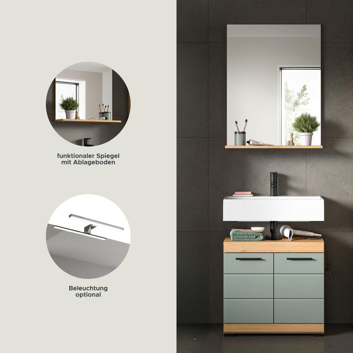 Badezimmer-Set Scout Eiche Artisan Nachbildung salbei Nachbildung B/H/T: ca. 60x191x34 cm Scout - Eiche/salbei (60,00/191,00/34,00cm) - xonox.home