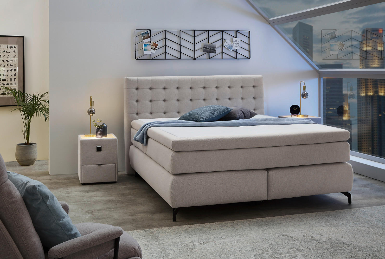 Boxspringbett  hellgrau Flachgewebe Liegefläche B/L: ca. 180x200 cm Jessica_Boxspringbett - hellgrau/schwarz (194,00/122,00/216,00cm)