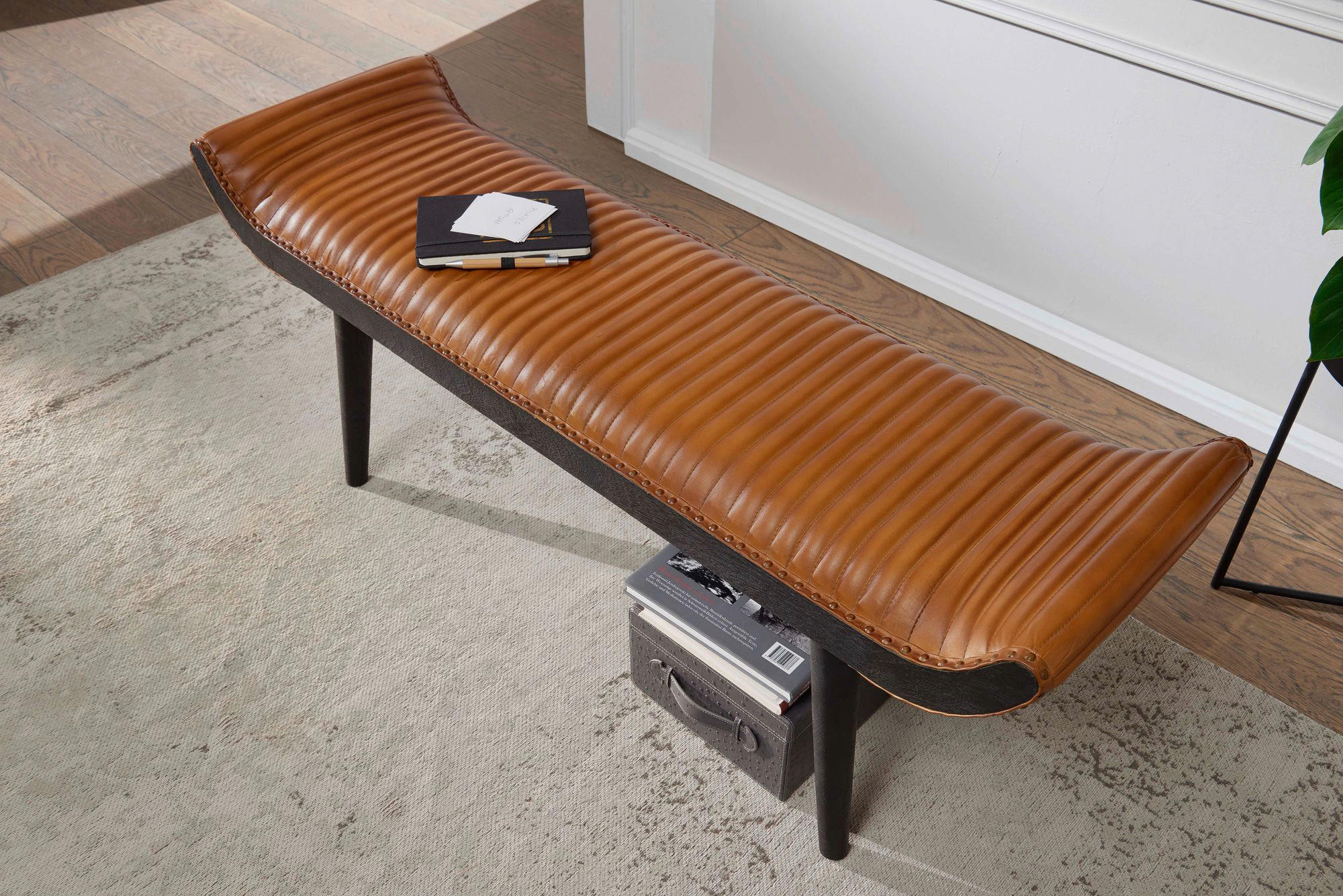 Wohnling Sitzbank braun schwarz Leder Echtholz B/H/T: ca. 125x51x38 cm Sitzbank - braun/schwarz (125,00/51,00/38,00cm) - Wohnling