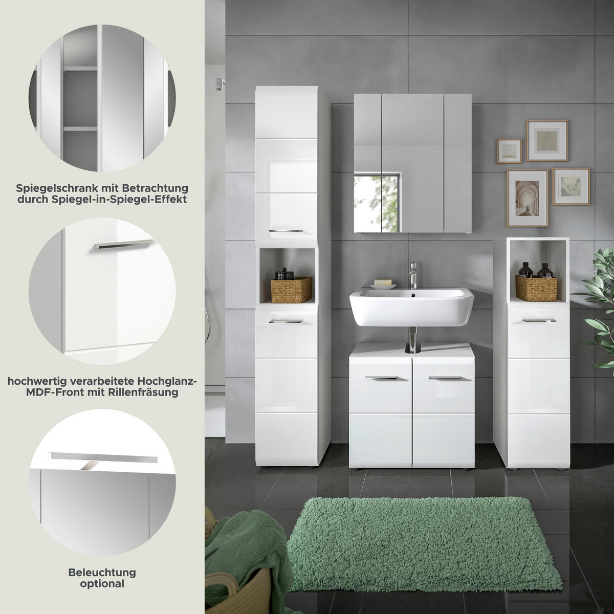 Badezimmer-Set Ice weiß weiß Hochglanz B/H/T: ca. 150x185x30 cm Ice - weiß (150,00/185,00/30,00cm) - xonox.home