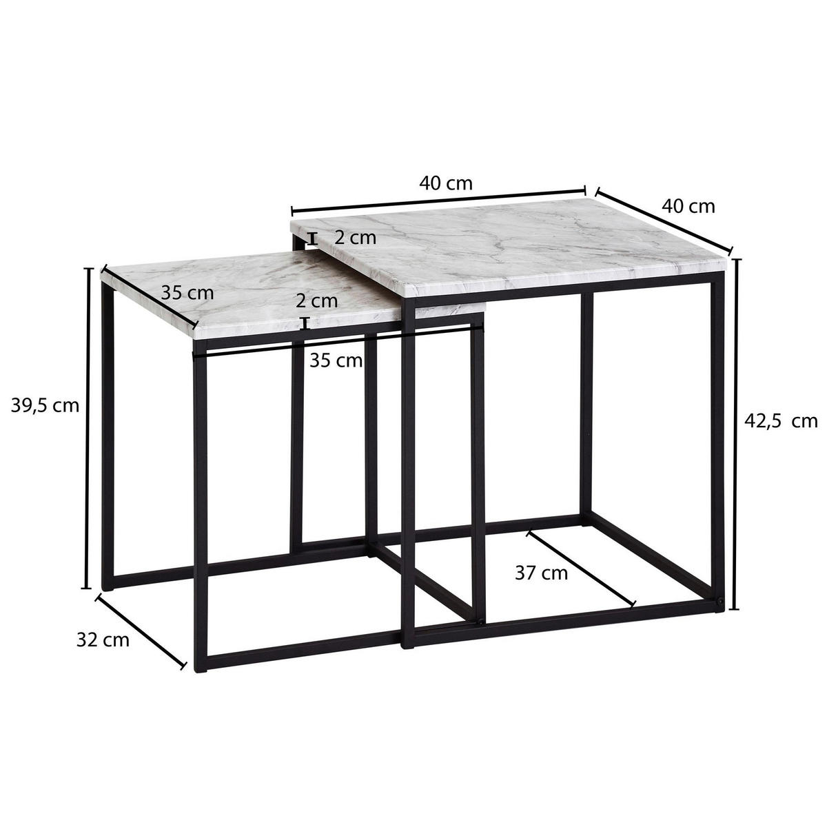 Beistelltisch 2er-Set. weiß Marmor Optik schwarz pulverbeschichtet MDF Stahl 2er-Set. - weiß/schwarz - Wohnling