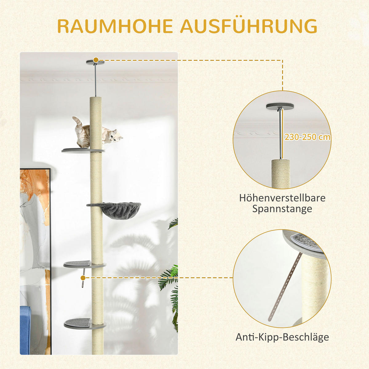 PawHut Kratzbaum grau Spanplatte B/H/L: ca. 40x40x250 cm Kratzbaum - cremeweiß/grau (250,00/40,00/40,00cm) - PawHut