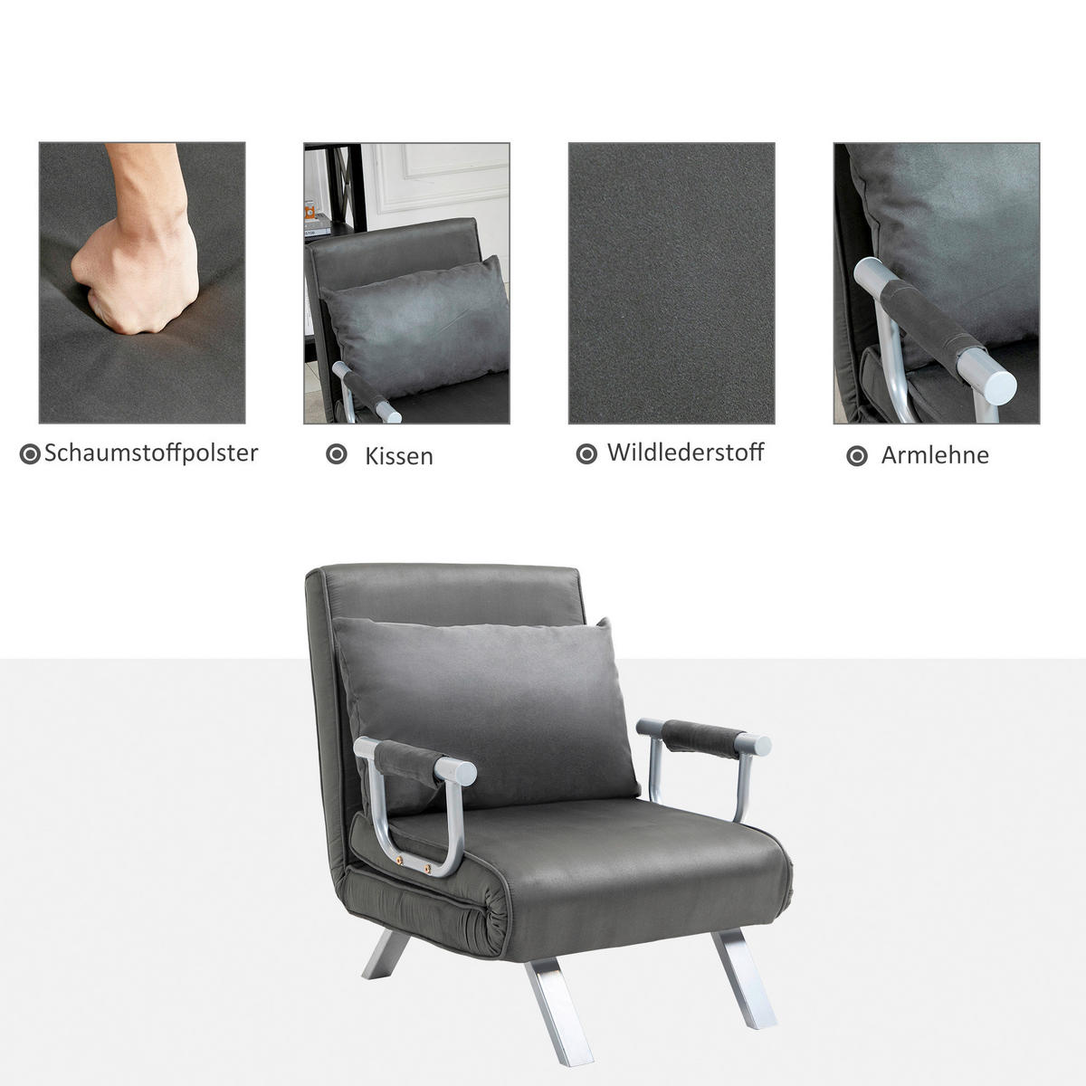 Schlafsofa 833-040 hellgrau Kunstleder B/H/T: ca. 65x80x69 cm 833-040 - hellgrau (65,00/80,00/69,00cm) - HOMCOM