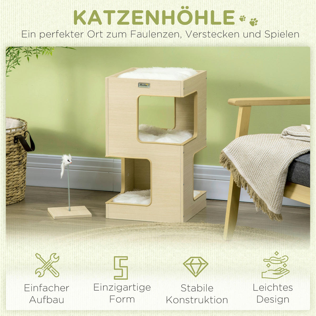 PawHut Katzenhaus Eiche Spanplatte B/H/L: ca. 34x60x34 cm Katzenhaus - Eiche (34,00/34,00/60,00cm) - PawHut