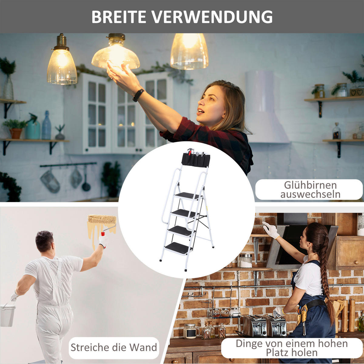 HOMCOM Leiter Edelstahl B/H/L: ca. 83x50x155 cm Trittleiter - weiß/schwarz (155,00/83,00/50,00cm) - HOMCOM