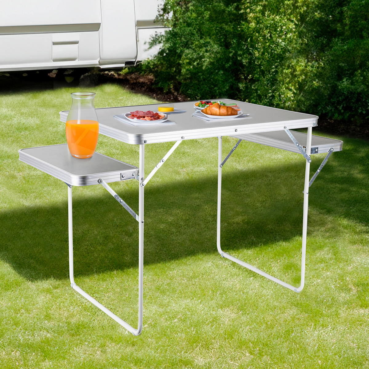 Campingtisch Campingtisch_mit_seitlichen_Ablagen - weiß/silber