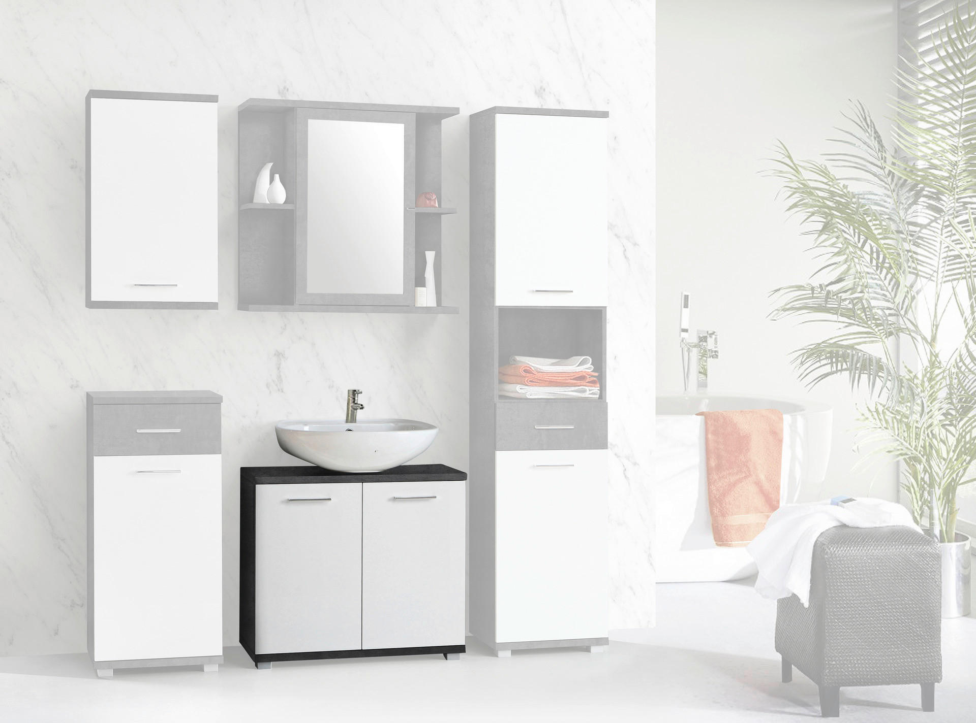 Waschbeckenunterschrank  Beton dunkel Optik weiß Hochglanz B/H/T: ca. 69,9x62x28,9 cm Champ_Waschbeckenunterschrank - weiß (69,90/62,00/28,90cm)