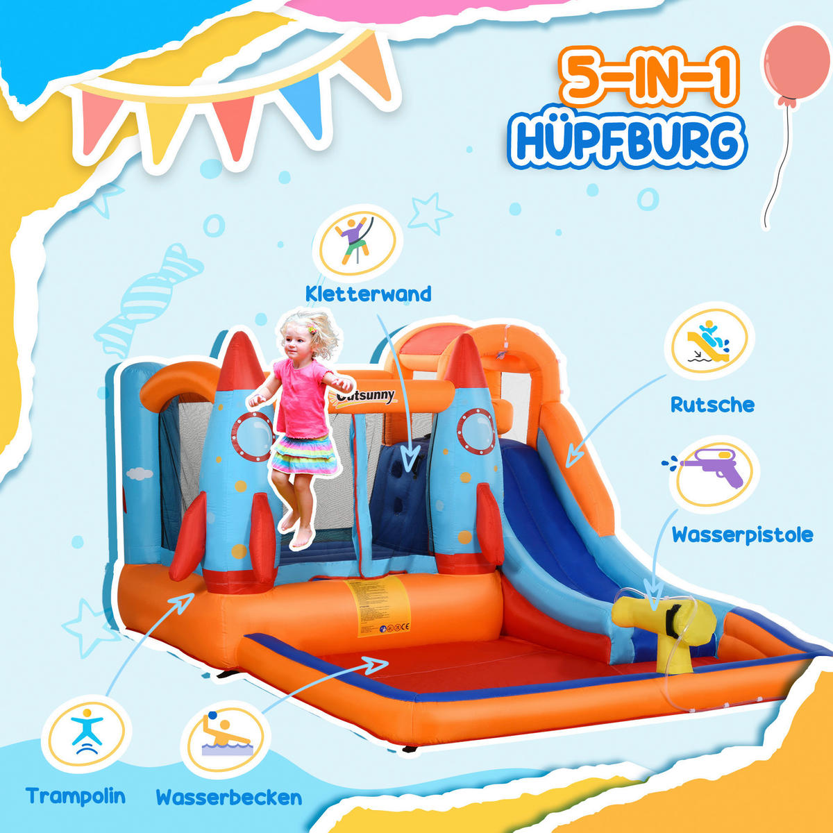 Outsunny Hüpfburg bunt B/H/L: ca. 250x350x185 cm Hüpfburg - bunt (185,00/250,00/350,00cm) - Outsunny